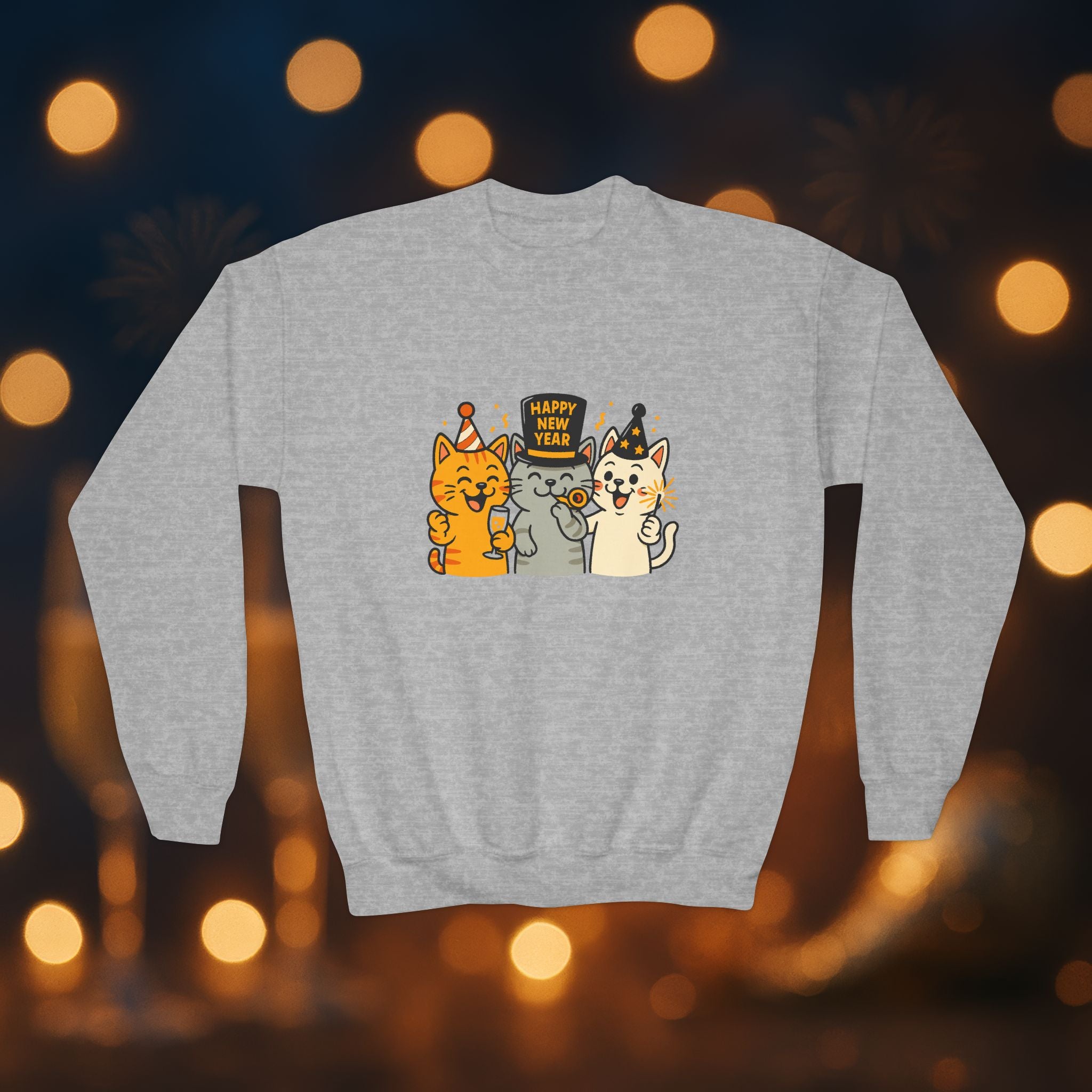 Happy New Year Cats Youth Crewneck Sweatshirt – Cute Party Cats Sweatshirt for Kids