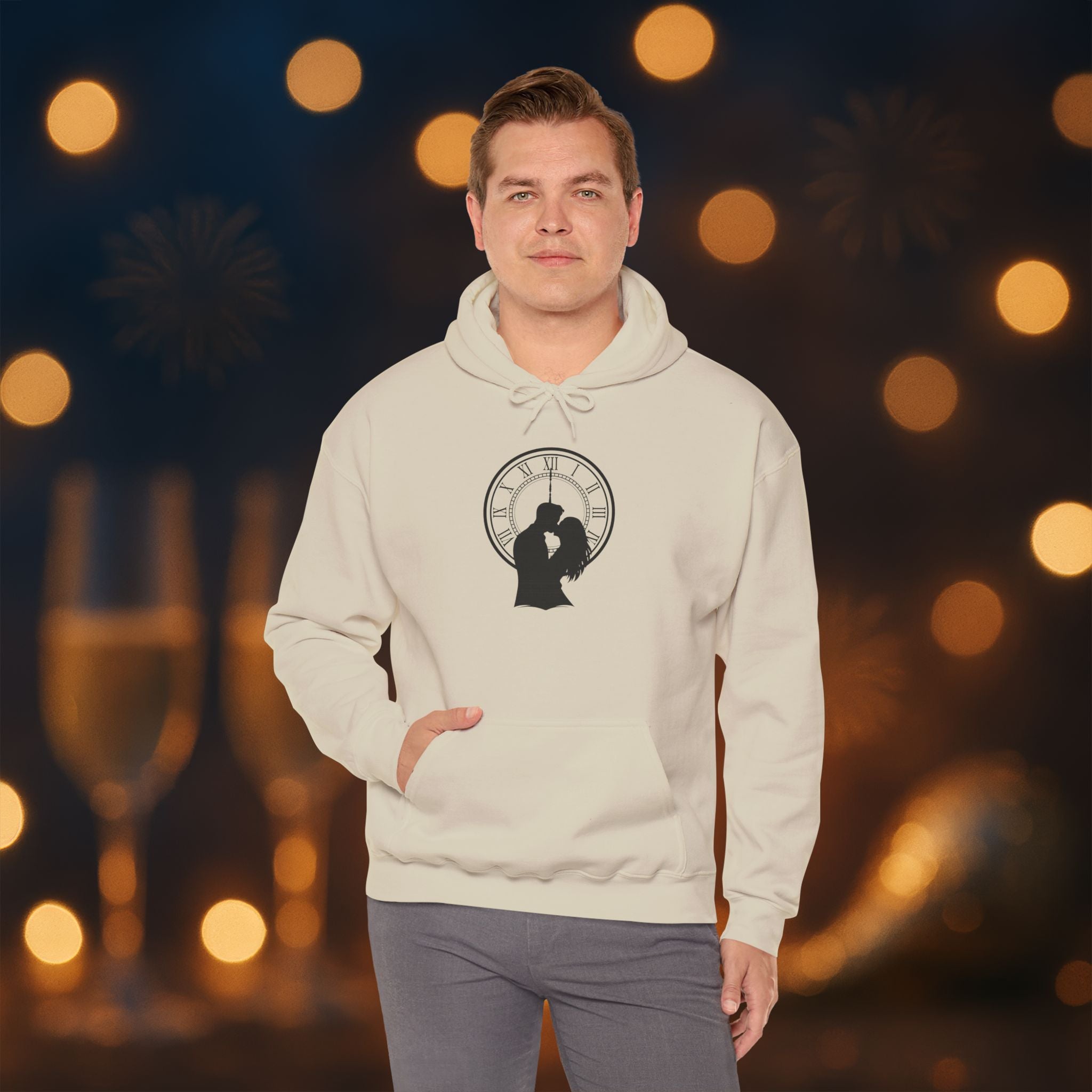 Midnight Kiss New Year’s Eve Hoodie – Romantic Clock Silhouette Pullover