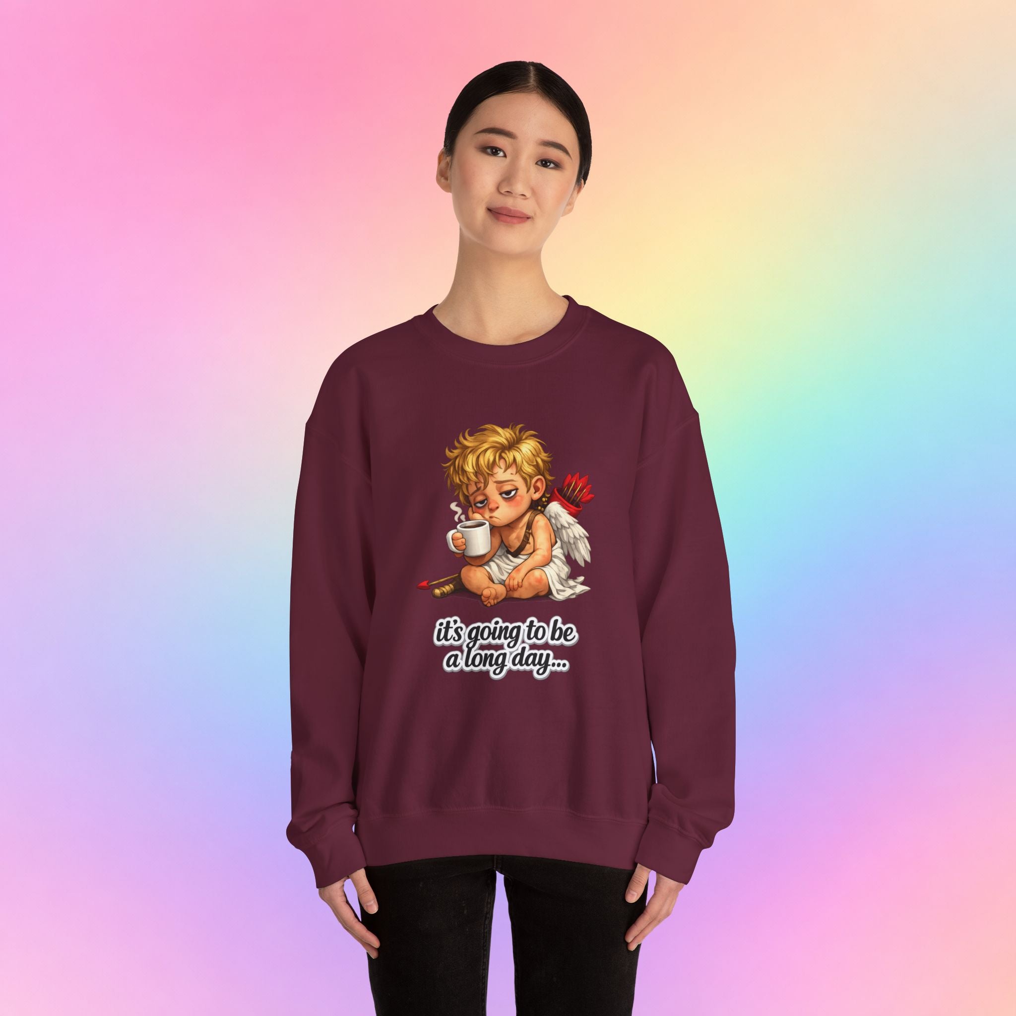 It’s Going to Be a Long Day Cupid Valentine’s Day Sweatshirt – Funny Coffee Angel Pullover