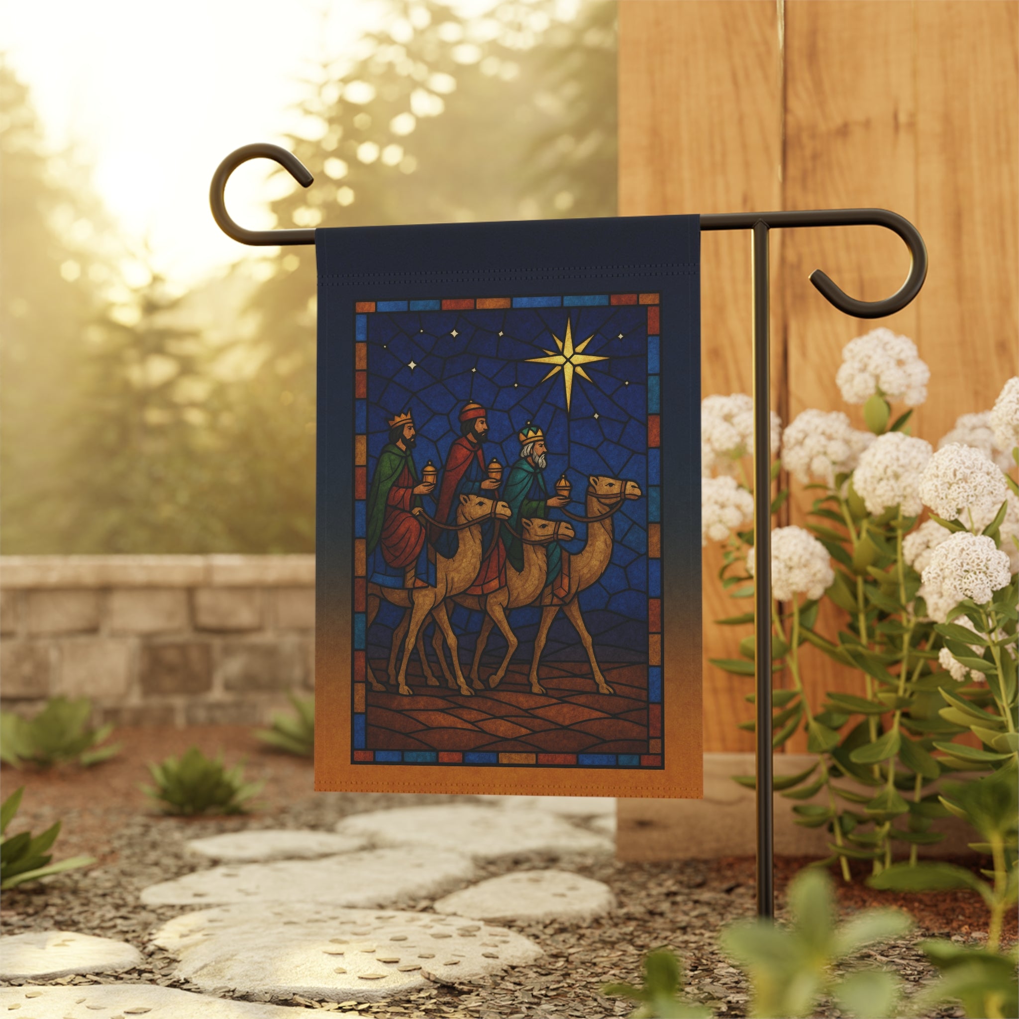 Three Wise Men Christmas Garden Flag – Stained Glass Nativity Design