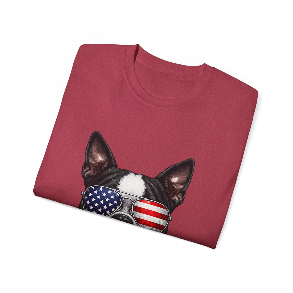 Patriotic Boston Terrier 4th of July T-Shirt | American Flag Dog Sunglasses Tee