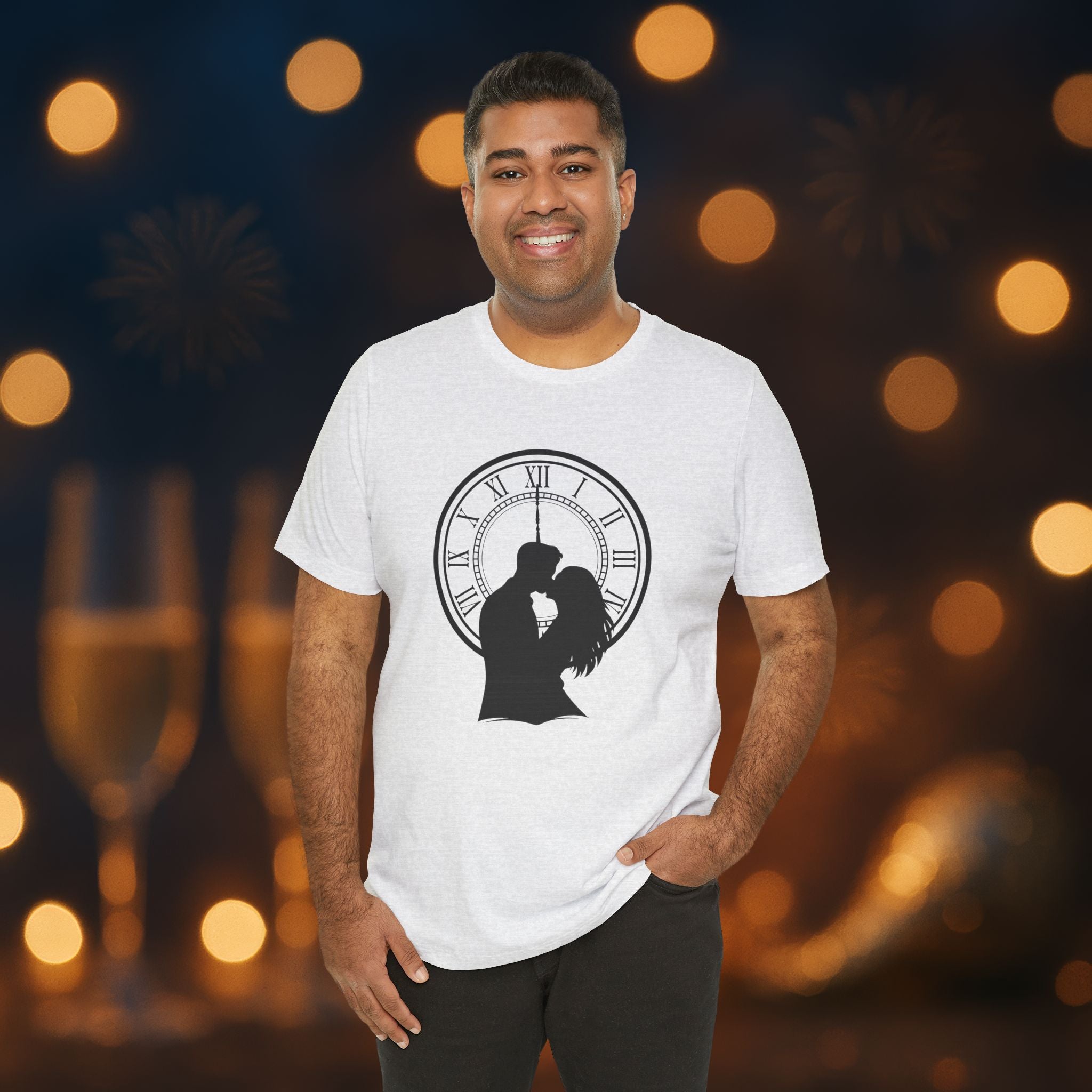 Midnight Kiss New Year’s Eve T-Shirt – Romantic Clock Silhouette Celebration Tee