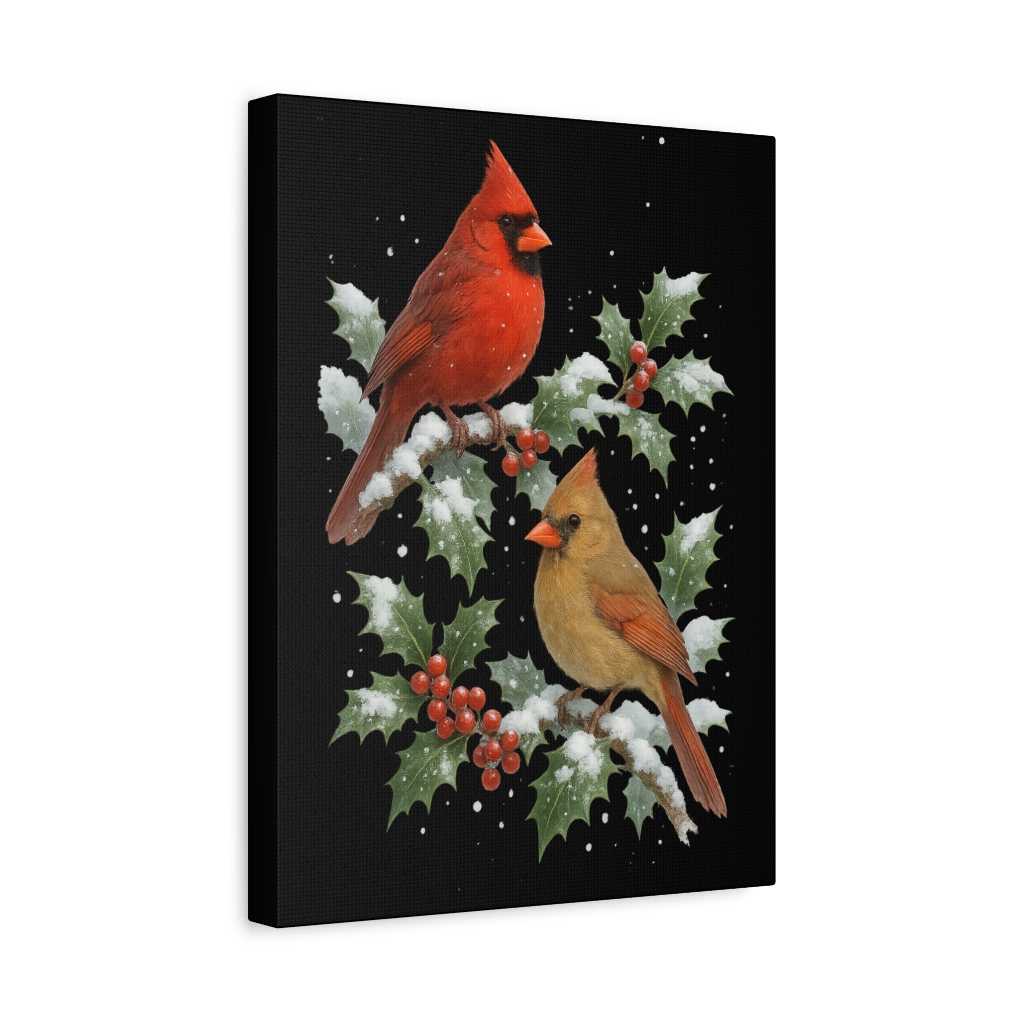 Winter Cardinals Canvas Print – Red & Gold Cardinals on Holly Branches