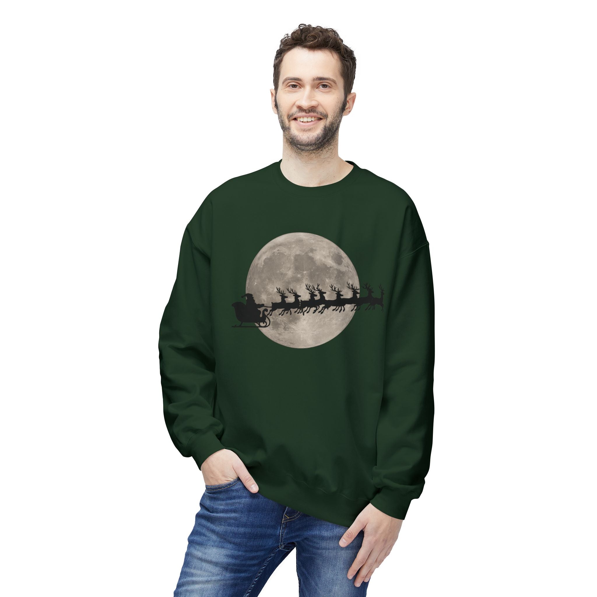 Silent Night Flight — Santa and Reindeer Full Moon Christmas Sweatshirt