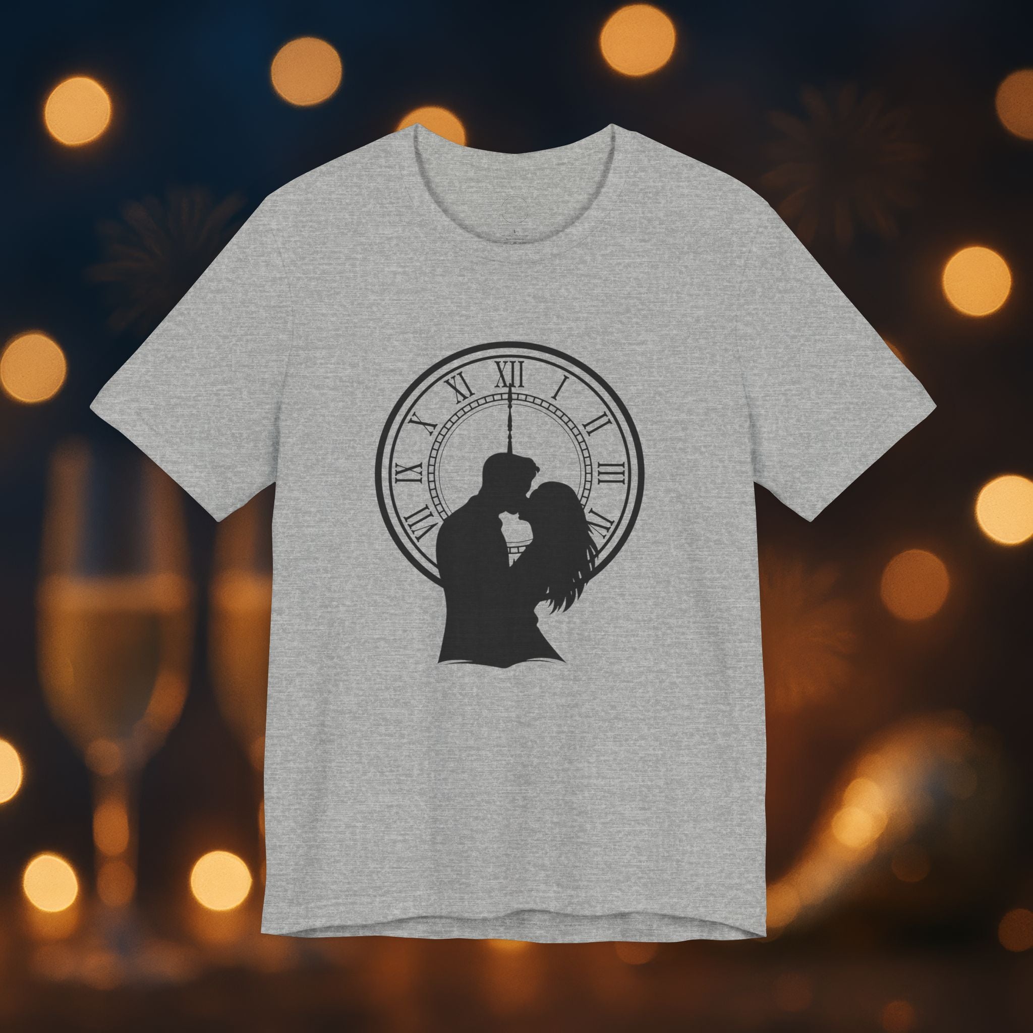 Midnight Kiss New Year’s Eve T-Shirt – Romantic Clock Silhouette Celebration Tee
