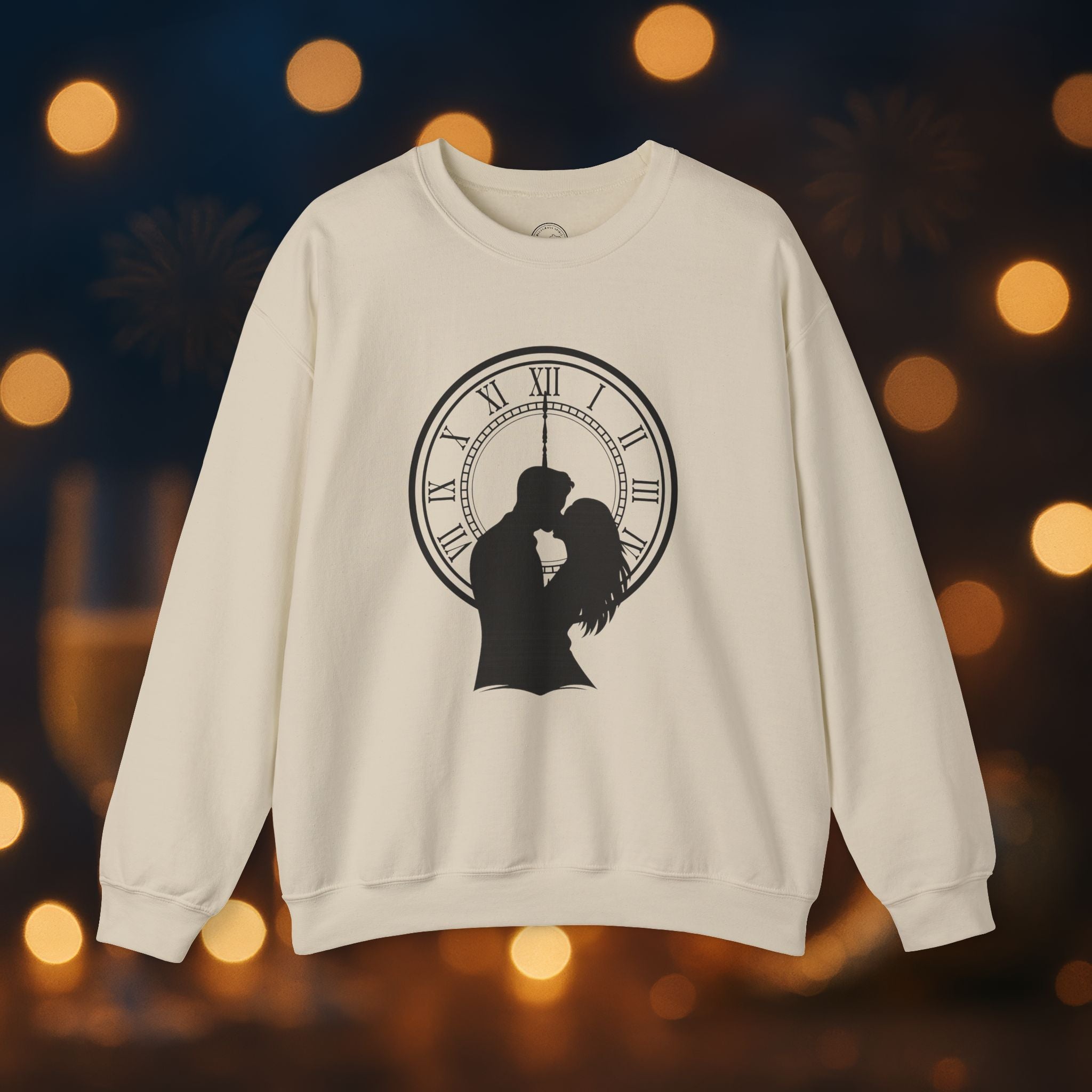 Midnight Kiss New Year’s Eve Sweatshirt – Romantic Clock Silhouette Celebration Crewneck