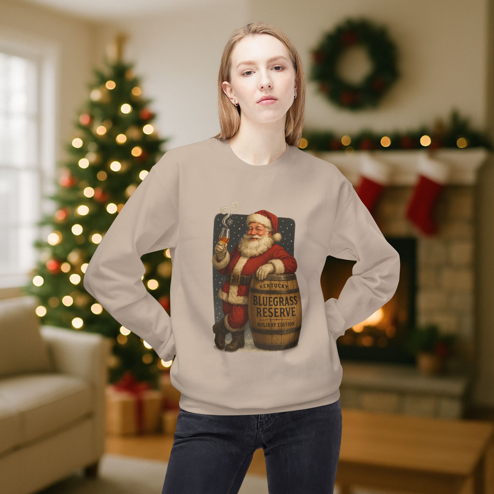 Kentucky “Bluegrass Reserve” Santa Bourbon Christmas Sweatshirt – Vintage Holiday Distillery Graphic