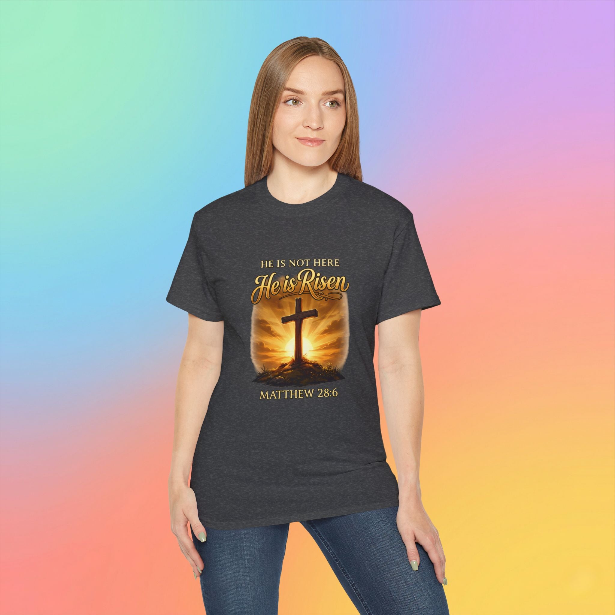 Christian Easter Shirt – He Is Risen Matthew 28:6 Cross Resurrection T-Shirt Faith-Based Easter Apparel