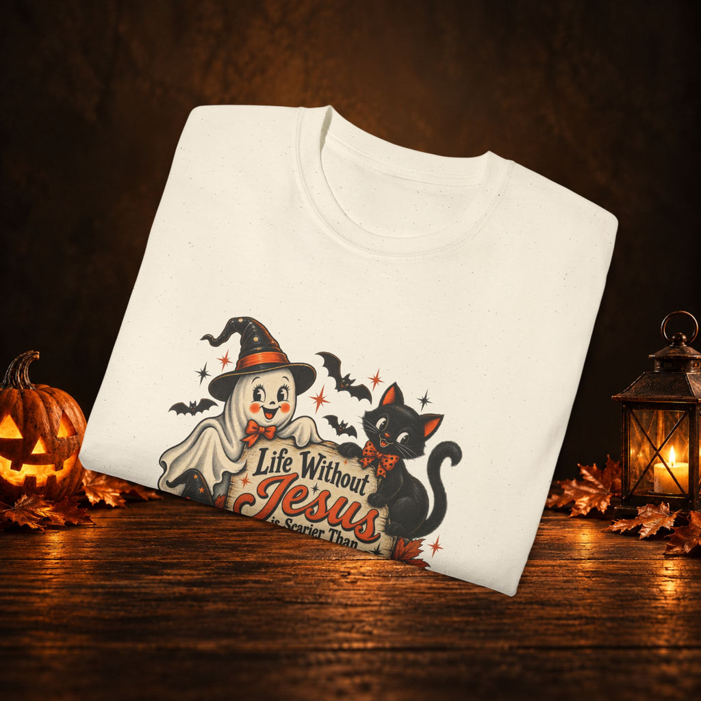 Halloween Christian T-Shirt — “Life Without Jesus Is Scary” Pumpkin & Cat Tee