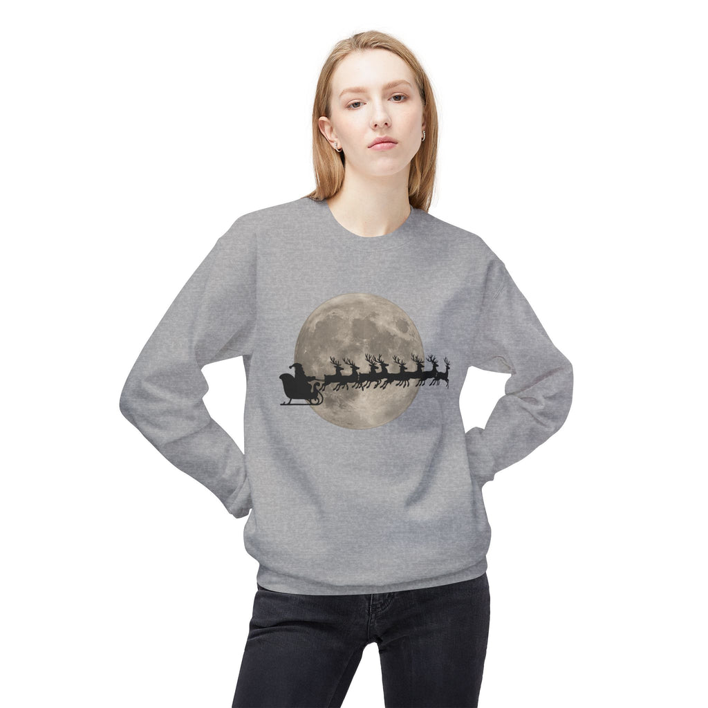 Silent Night Flight — Santa and Reindeer Full Moon Christmas Sweatshirt