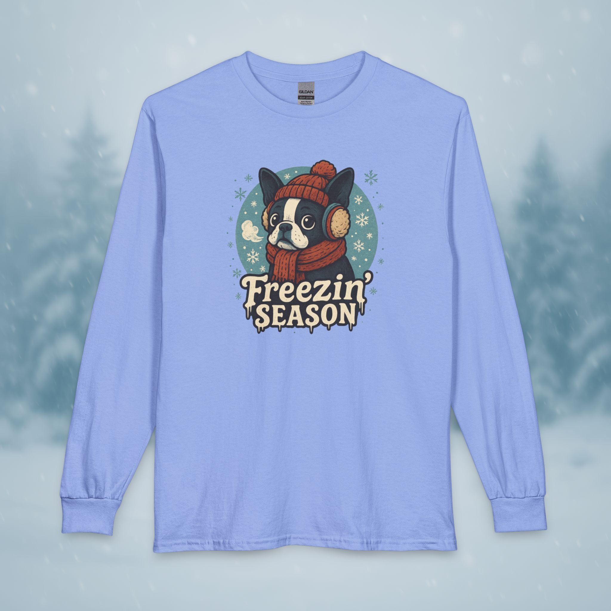 Freezin’ Season Boston Terrier Winter Long Sleeve Shirt – Cute Dog Lover Cold Weather Tee
