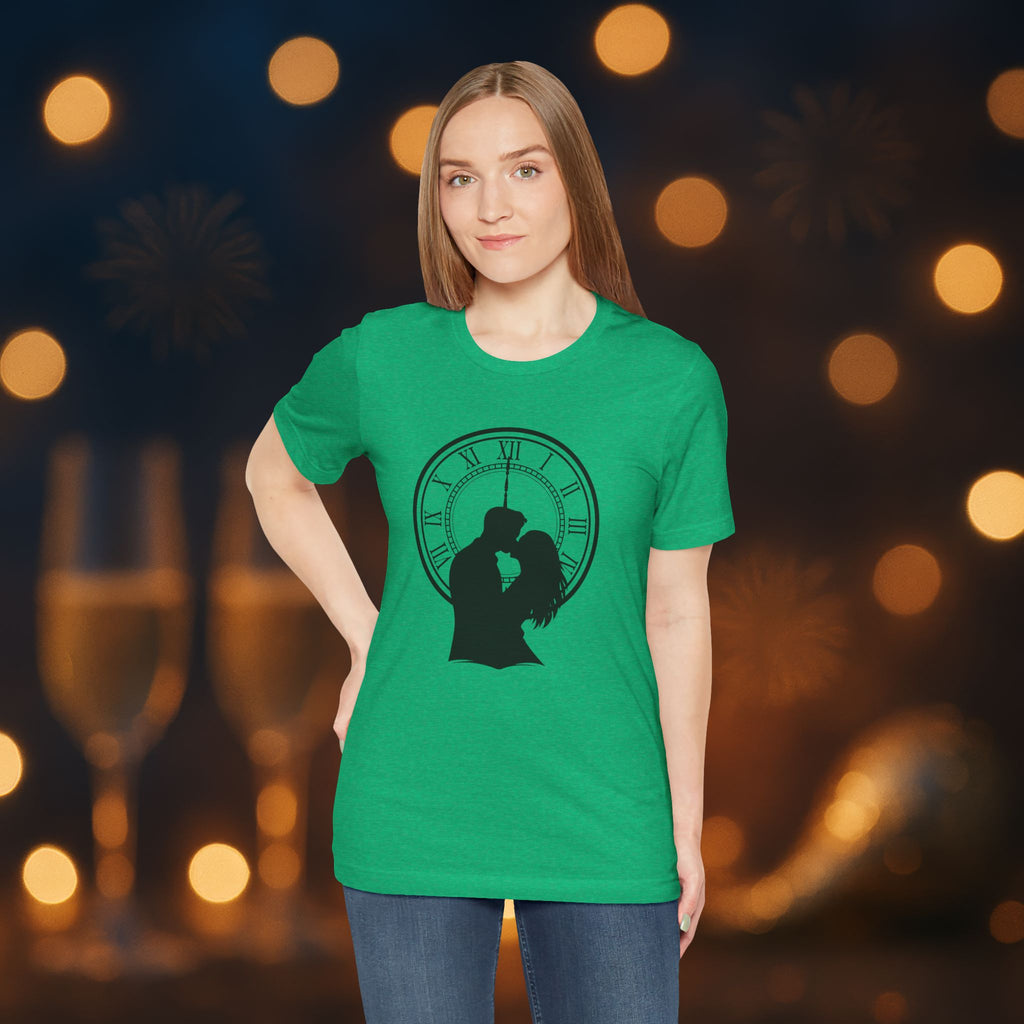 Midnight Kiss New Year’s Eve T-Shirt – Romantic Clock Silhouette Celebration Tee