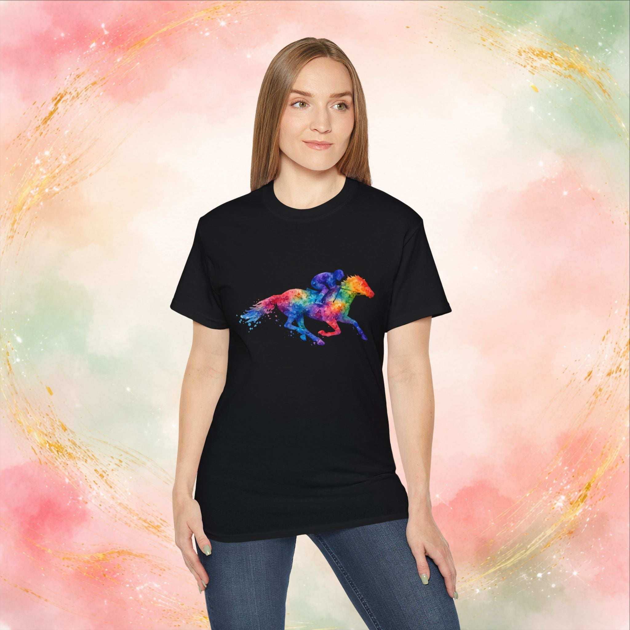 Kentucky Derby Watercolor Horse & Jockey T-Shirt | Colorful Race Day Graphic Tee
