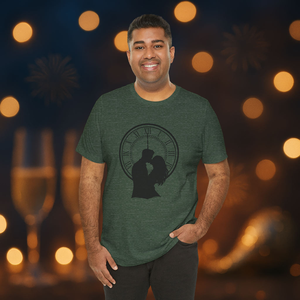 Midnight Kiss New Year’s Eve T-Shirt – Romantic Clock Silhouette Celebration Tee
