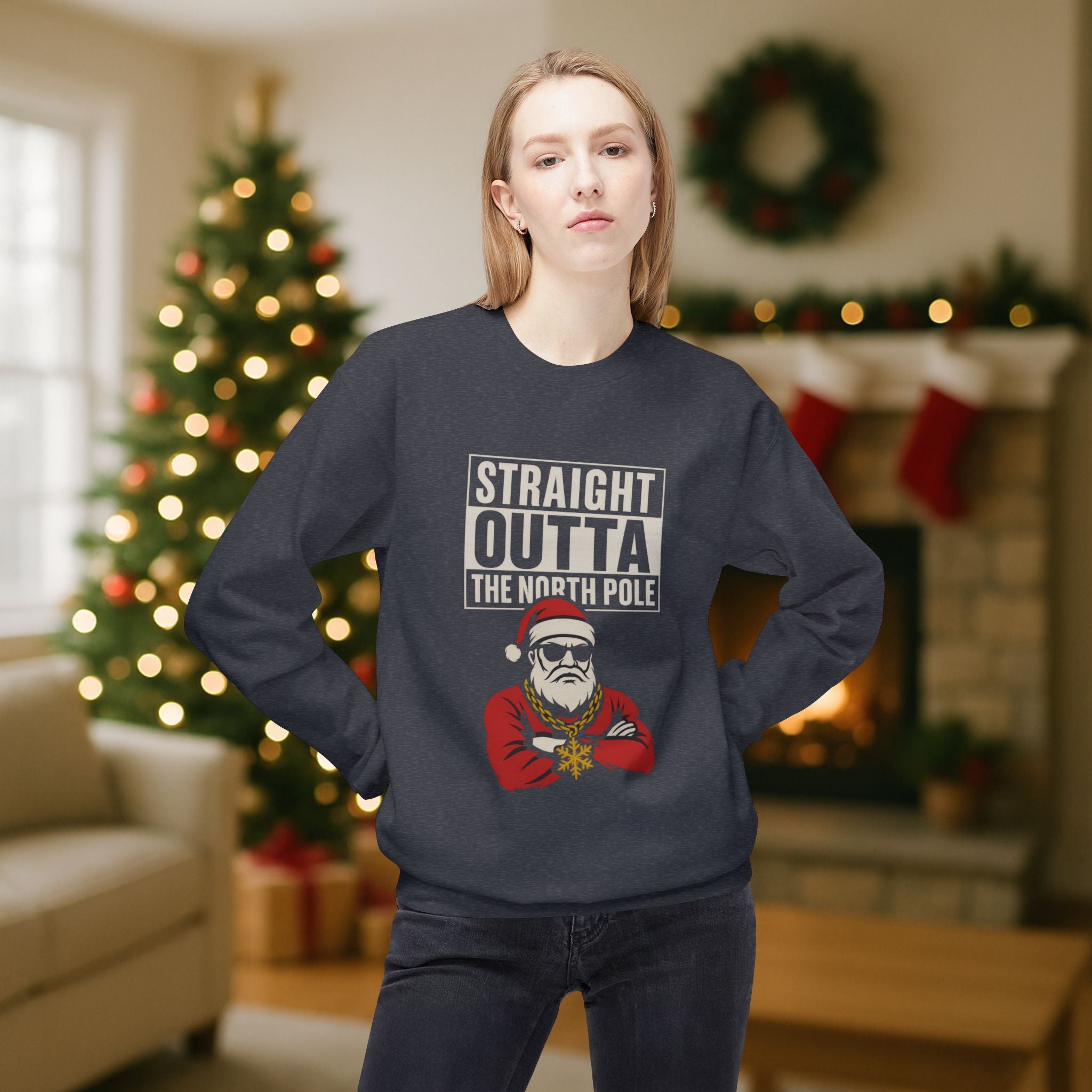 Straight Outta The North Pole Gangsta Santa Christmas Sweatshirt – Funny Holiday Graphic, Street Style Santa, Hip Hop Christmas Crewneck