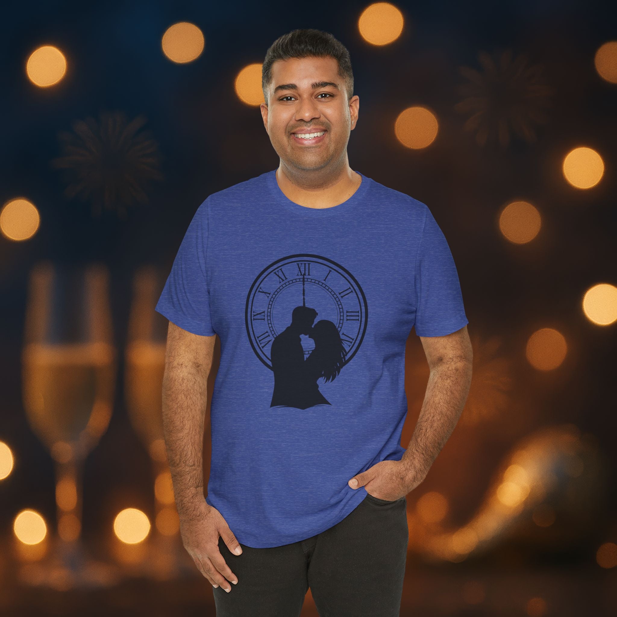 Midnight Kiss New Year’s Eve T-Shirt – Romantic Clock Silhouette Celebration Tee