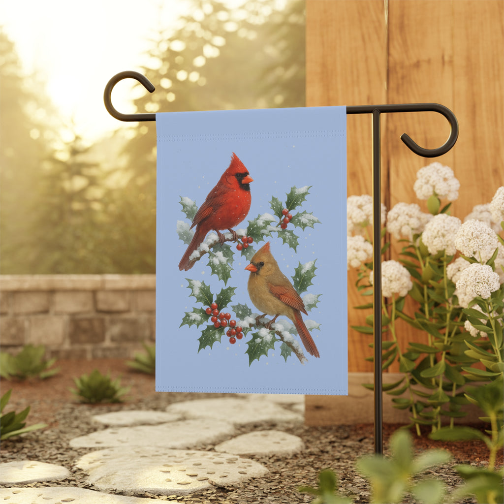 Cardinals in the Snow Garden Flag – Winter Holly Branch Cardinals Home Décor