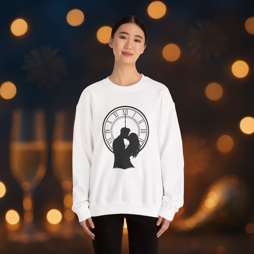 Midnight Kiss New Year’s Eve Sweatshirt – Romantic Clock Silhouette Celebration Crewneck