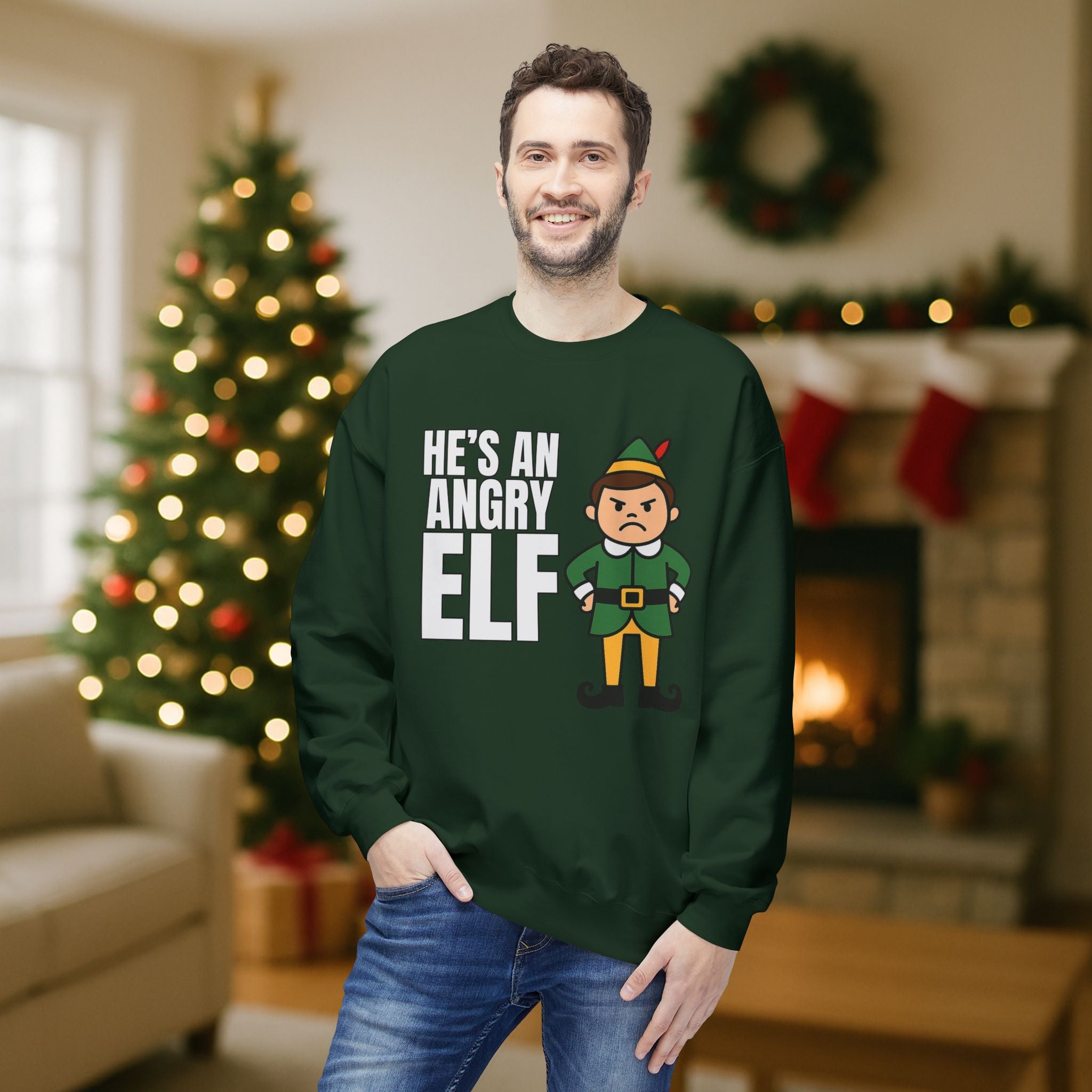 He’s an Angry Elf Christmas Sweatshirt – Funny Holiday Elf Graphic | Festive Unisex Crewneck