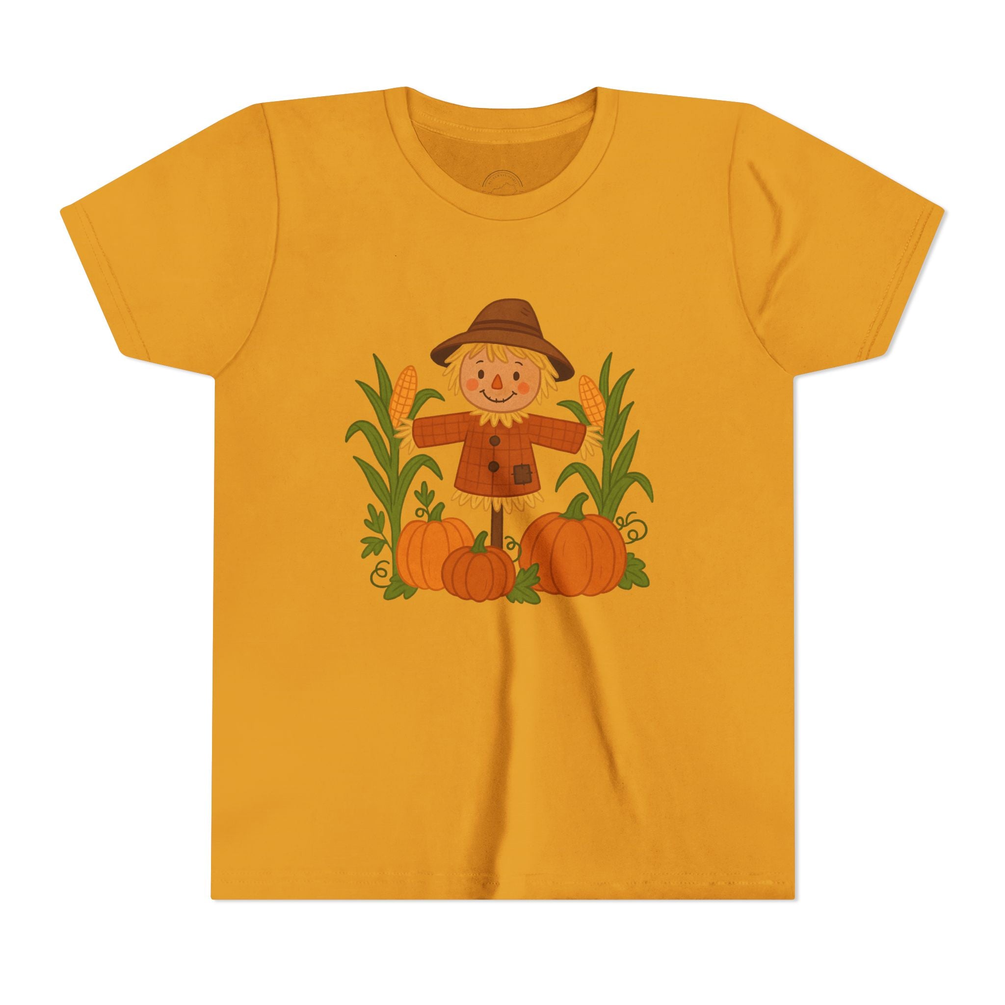 🍂 Cute Fall Scarecrow Kids T-Shirt – Autumn Pumpkins & Corn Patch Design