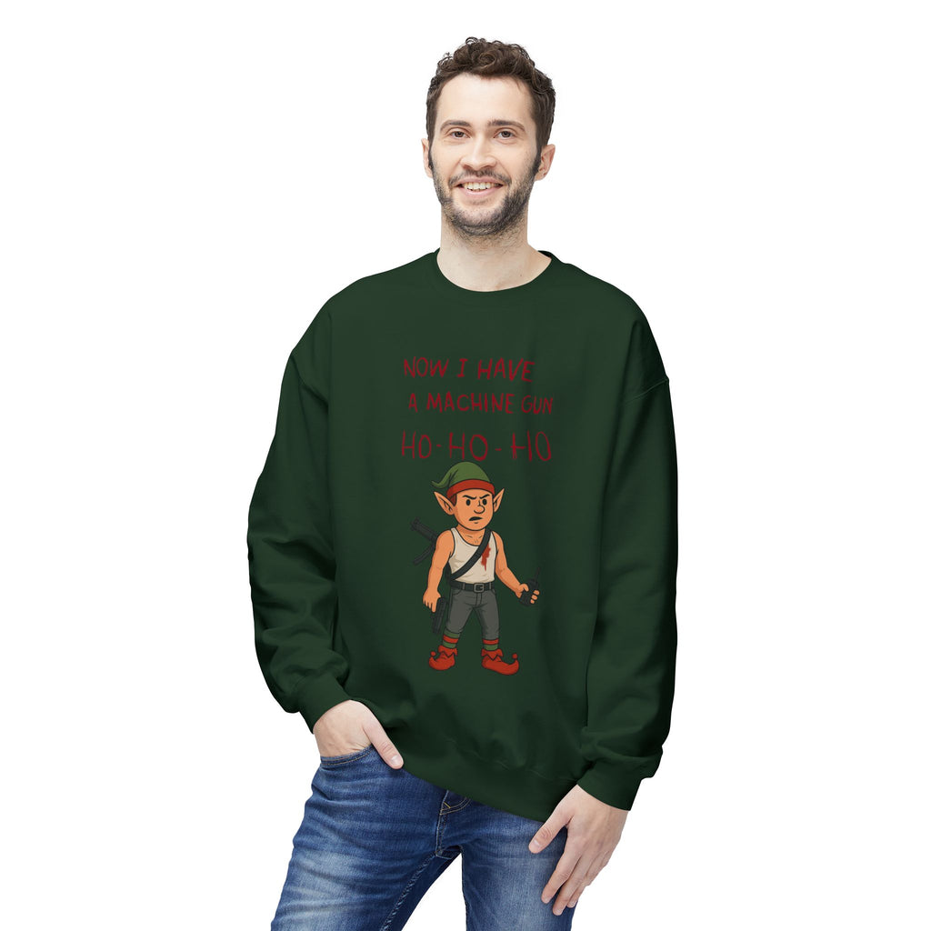 "Ho Ho Ho Machine Gun Elf Christmas Sweatshirt – Funny Die Hard Inspired Holiday Design"