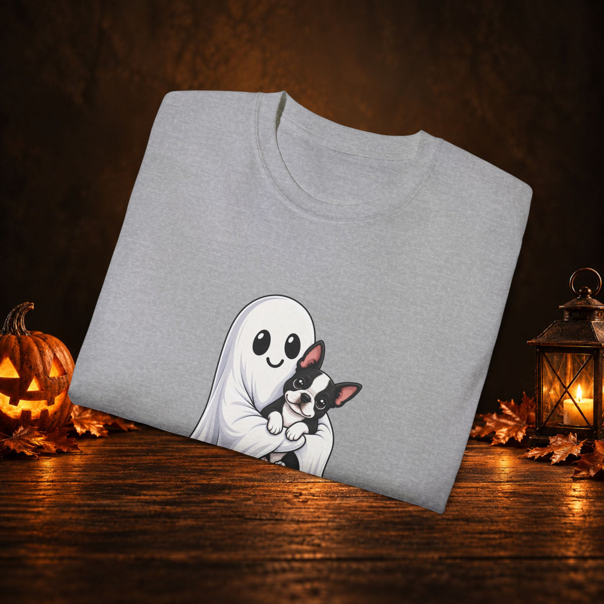 Cute Ghost & Boston Terrier Halloween T‑Shirt