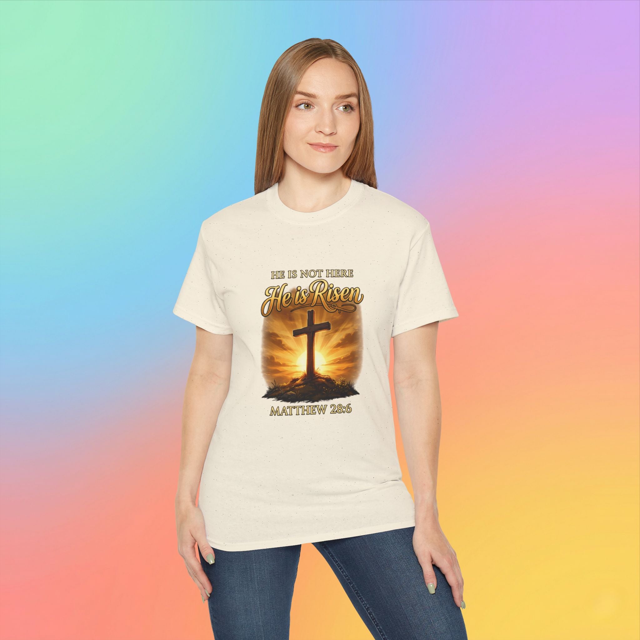 Christian Easter Shirt – He Is Risen Matthew 28:6 Cross Resurrection T-Shirt Faith-Based Easter Apparel