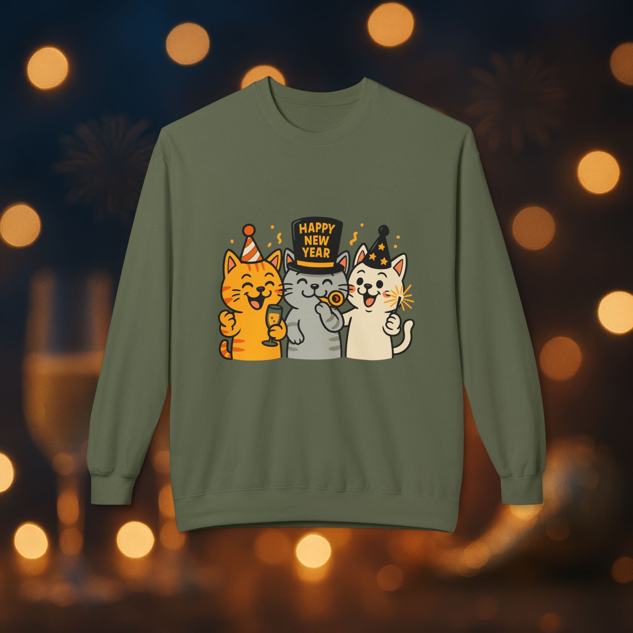 Happy New Year Cats Sweatshirt – Cute Party Cat Crewneck | New Year’s Eve Cat Lover Gift