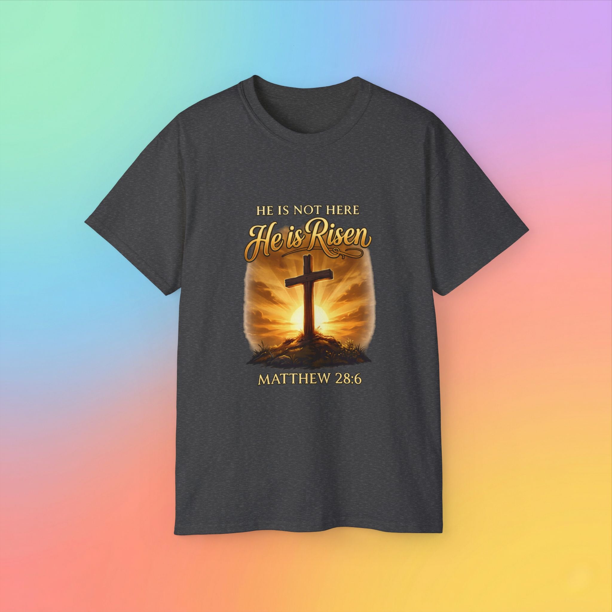 Christian Easter Shirt – He Is Risen Matthew 28:6 Cross Resurrection T-Shirt Faith-Based Easter Apparel