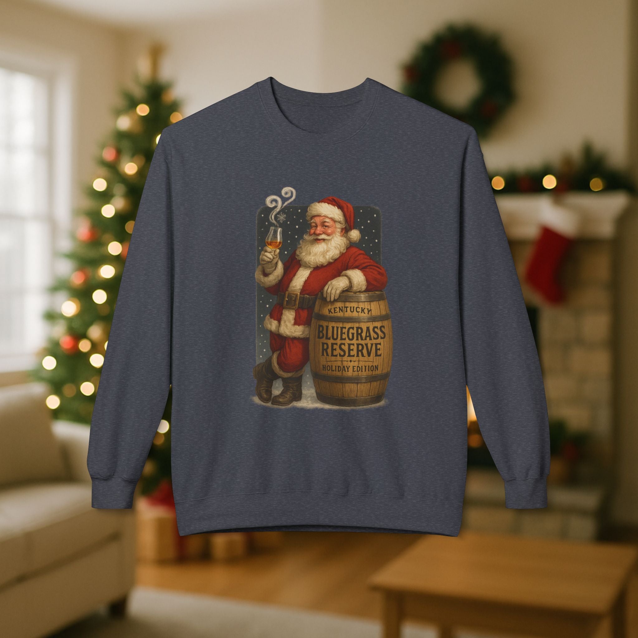 Kentucky “Bluegrass Reserve” Santa Bourbon Christmas Sweatshirt – Vintage Holiday Distillery Graphic