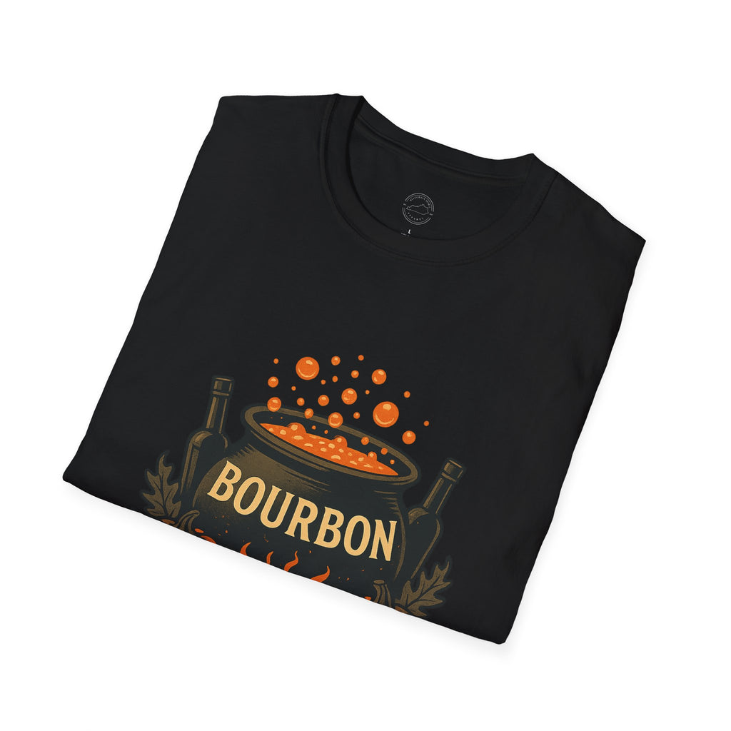 Halloween Bourbon Cauldron T-Shirt – Spooky Pumpkin & Whiskey Glass Design