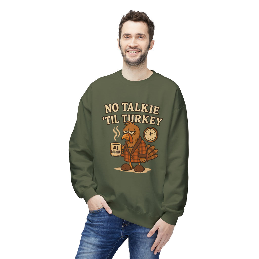 “No Talkie ‘Til Turkey” Funny Thanksgiving Coffee Sweatshirt