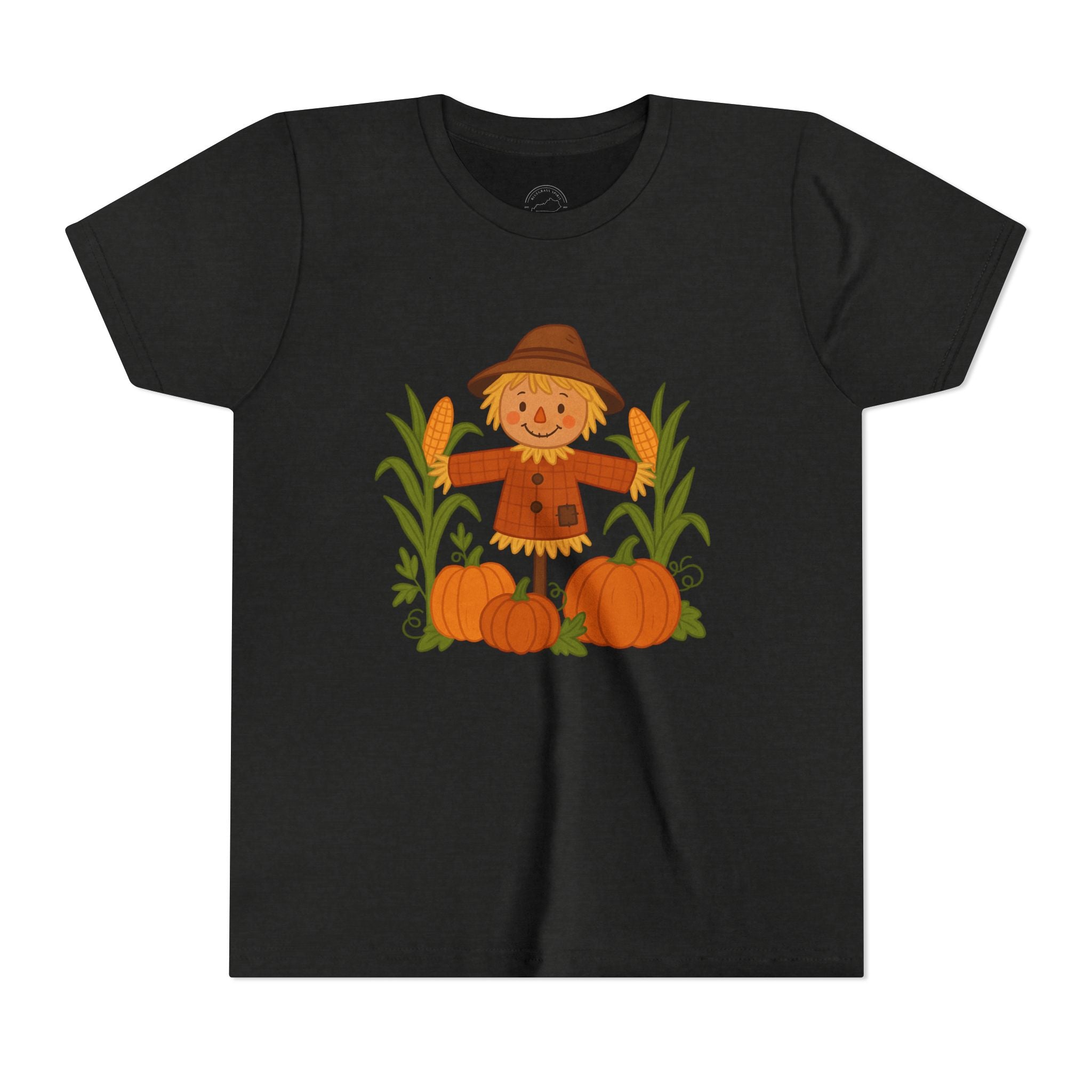 🍂 Cute Fall Scarecrow Kids T-Shirt – Autumn Pumpkins & Corn Patch Design