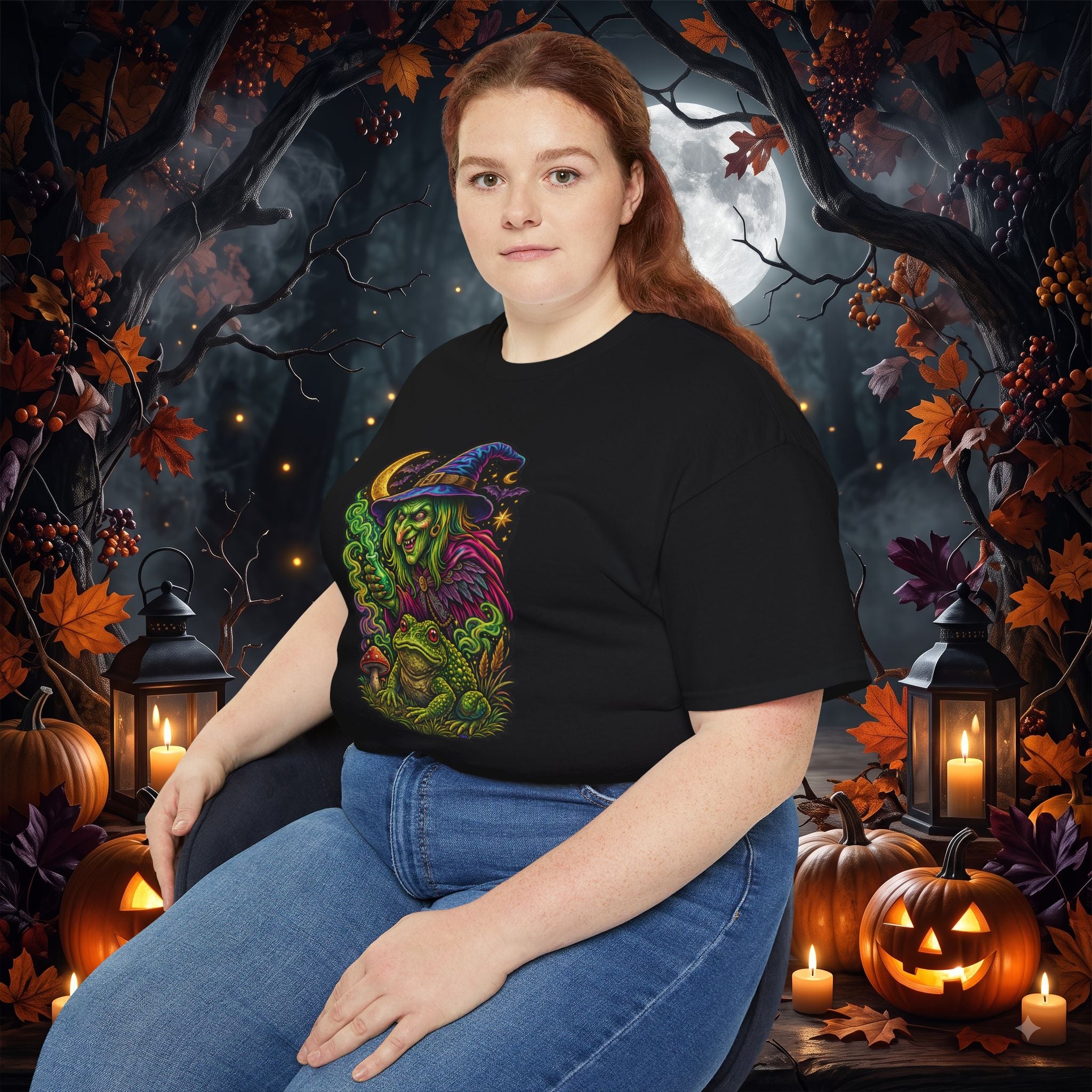 Neon Witch & Toad Halloween T-Shirt | Spooky Witchcraft Tee