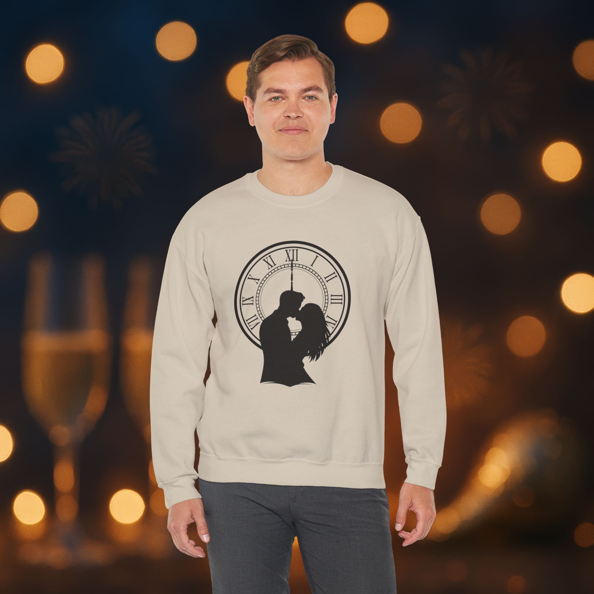 Midnight Kiss New Year’s Eve Sweatshirt – Romantic Clock Silhouette Celebration Crewneck