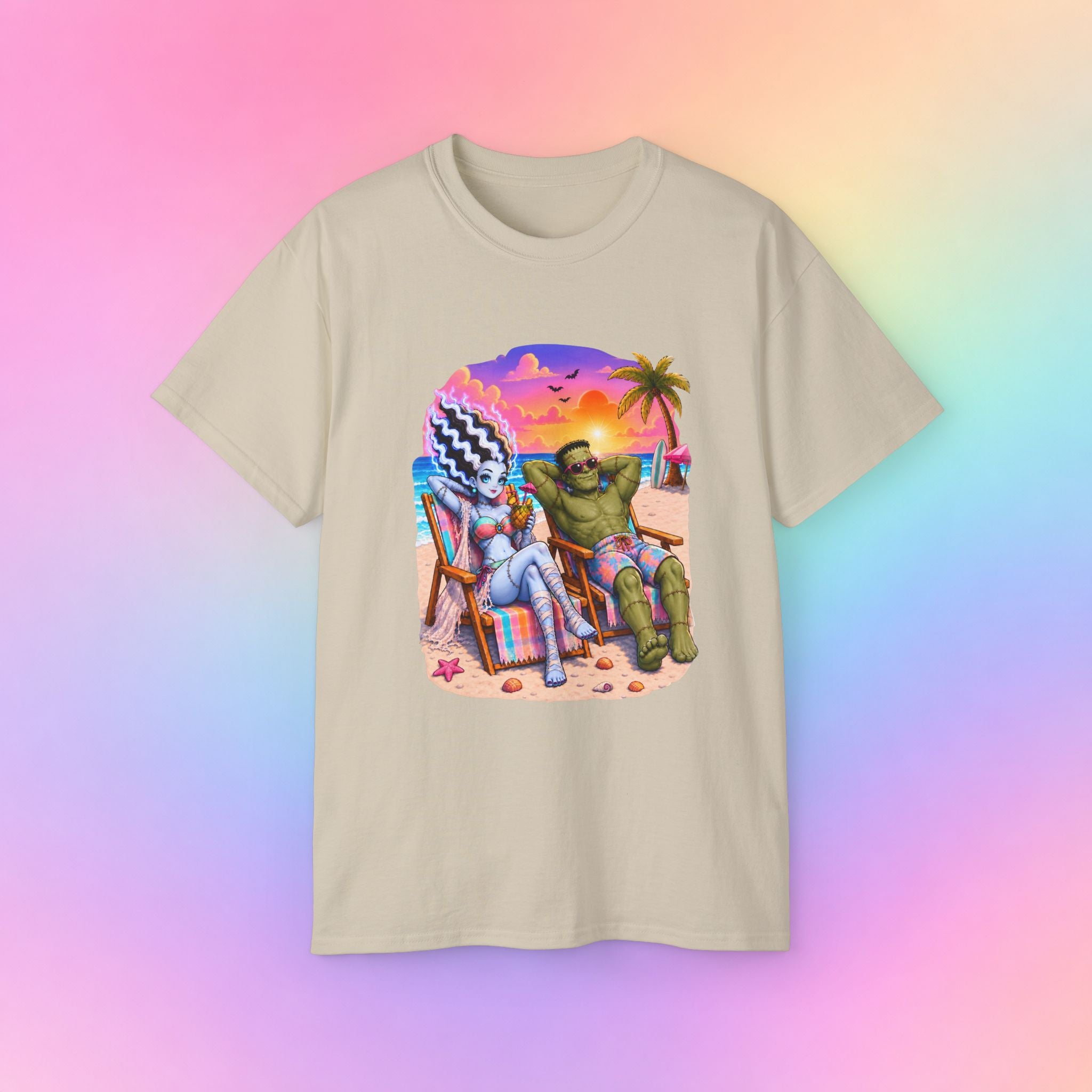 Summerween Monster Beach Couple Shirt | Spooky Summer Halloween Tropical Design
