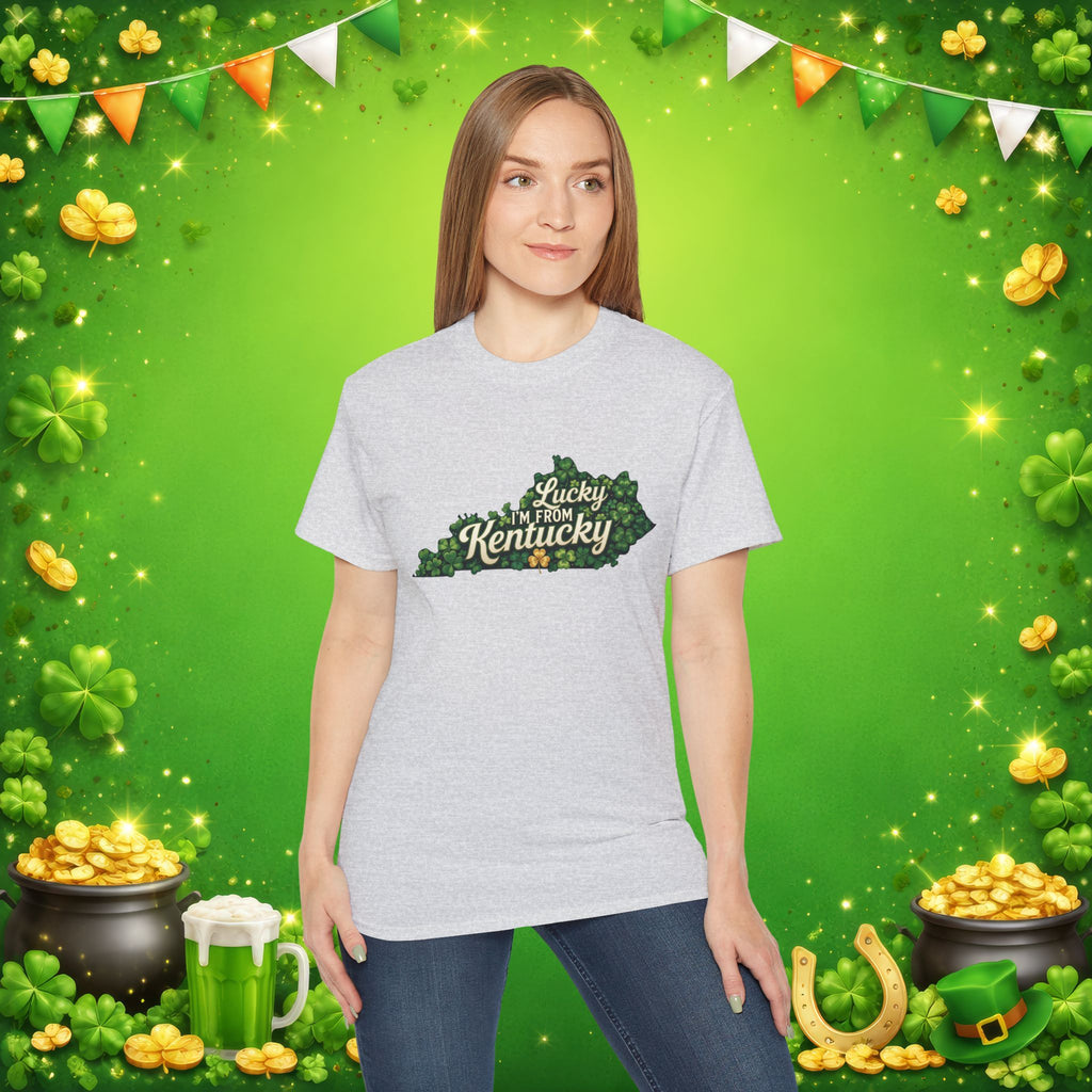 Lucky I’m From Kentucky T-Shirt – St. Patrick’s Day Shamrock Kentucky Shirt – Irish Bluegrass Pride Graphic Tee