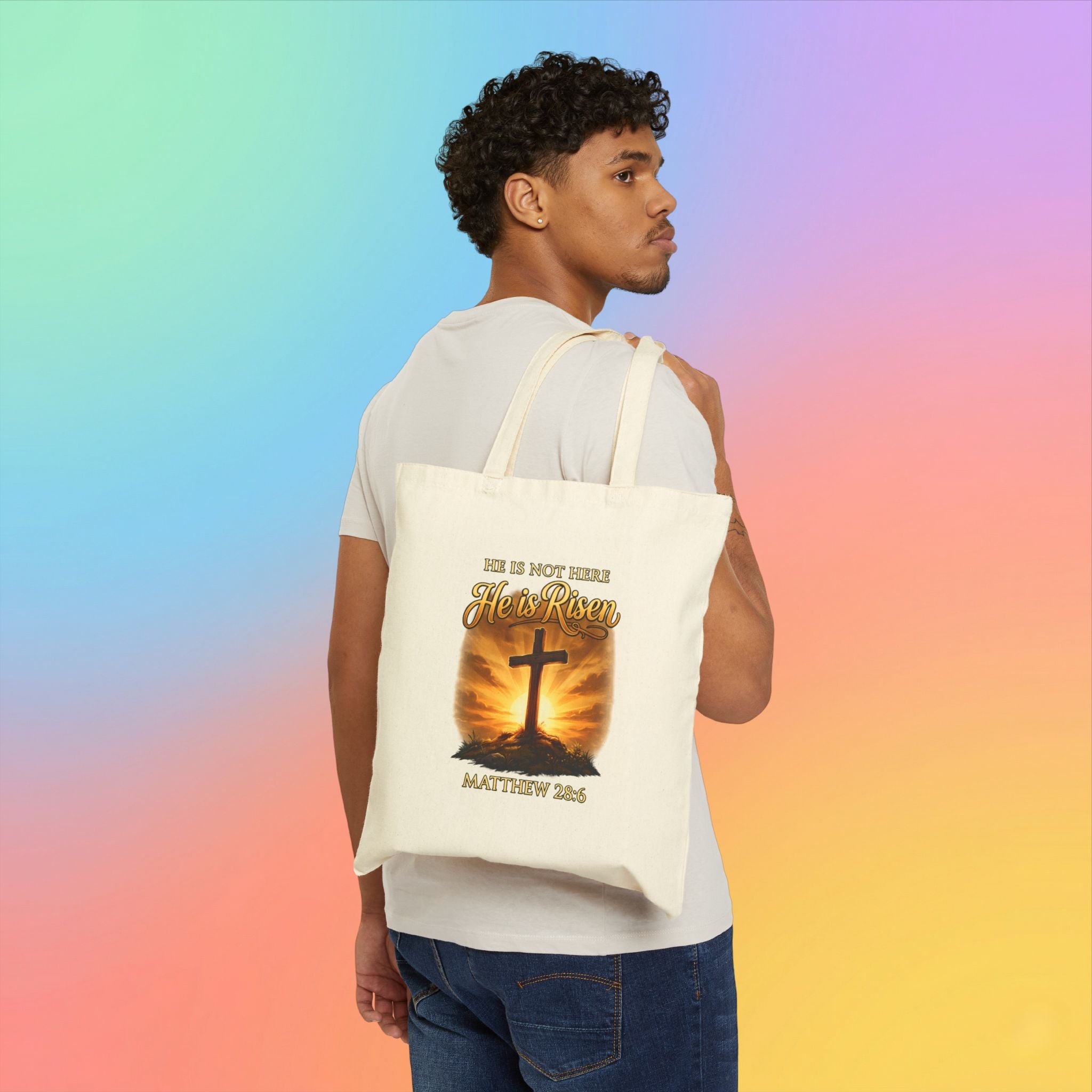 Christian Easter Tote Bag – He Is Risen Matthew 28:6 Cotton Canvas Bag Religious Cross Faith Gift