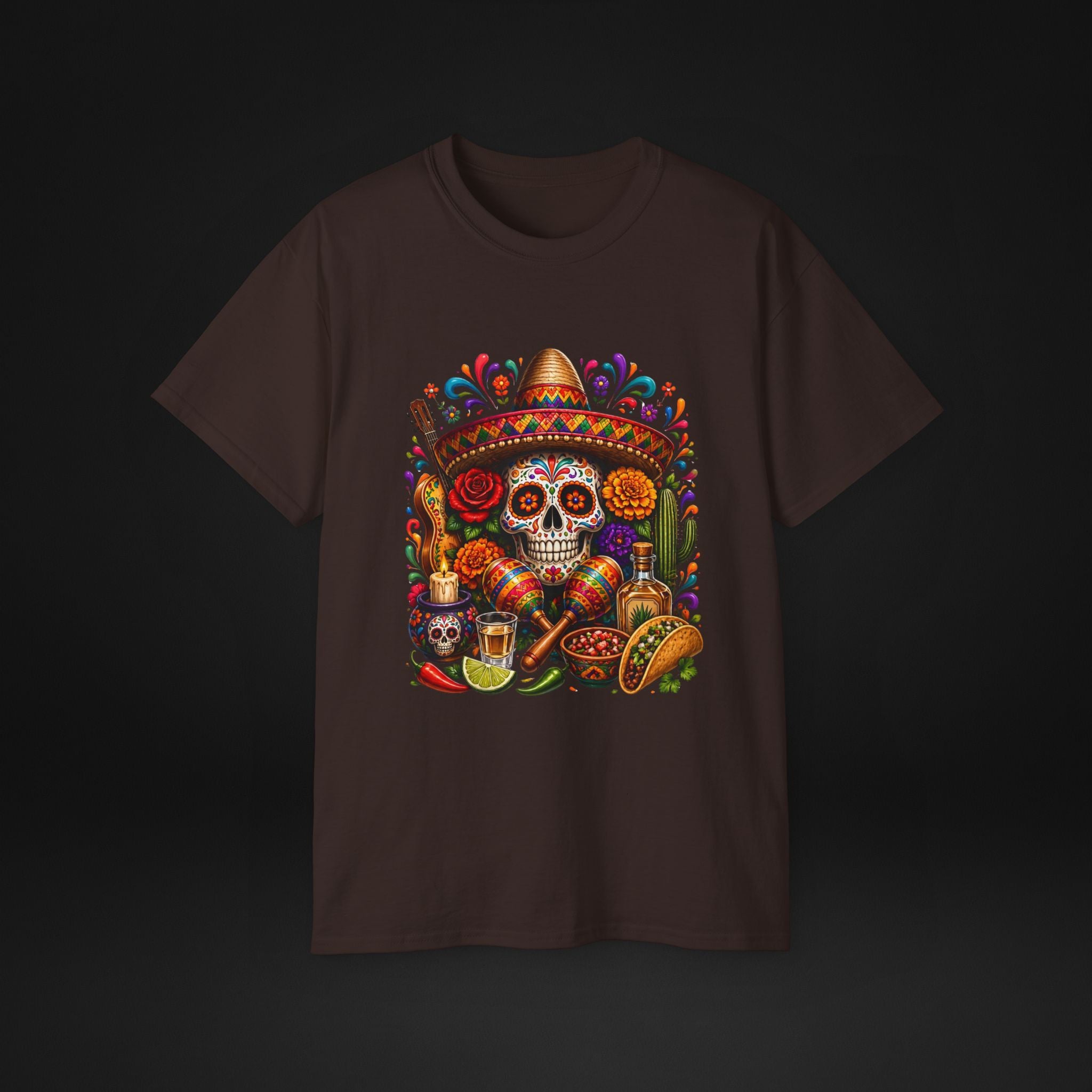 Cinco de Mayo Sugar Skull T-Shirt – Fiesta Sombrero Taco & Tequila Graphic Tee