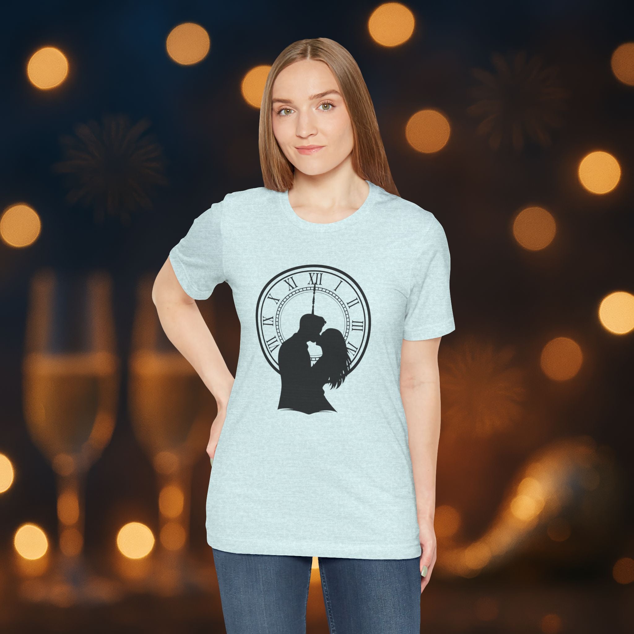 Midnight Kiss New Year’s Eve T-Shirt – Romantic Clock Silhouette Celebration Tee