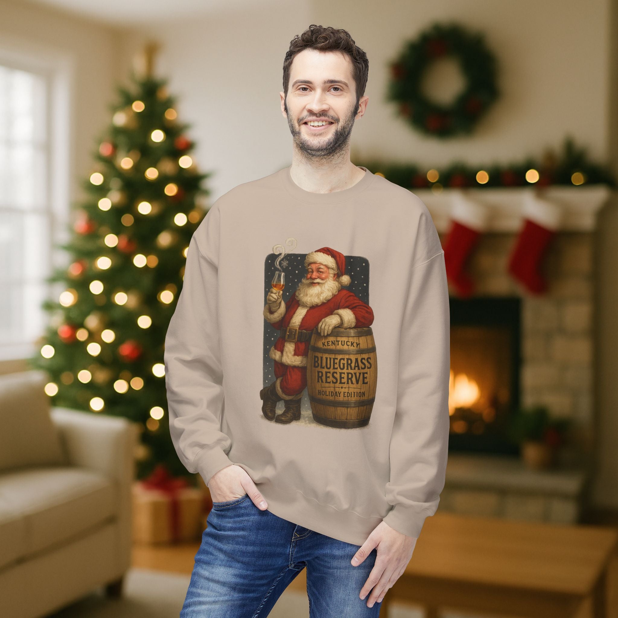 Kentucky “Bluegrass Reserve” Santa Bourbon Christmas Sweatshirt – Vintage Holiday Distillery Graphic