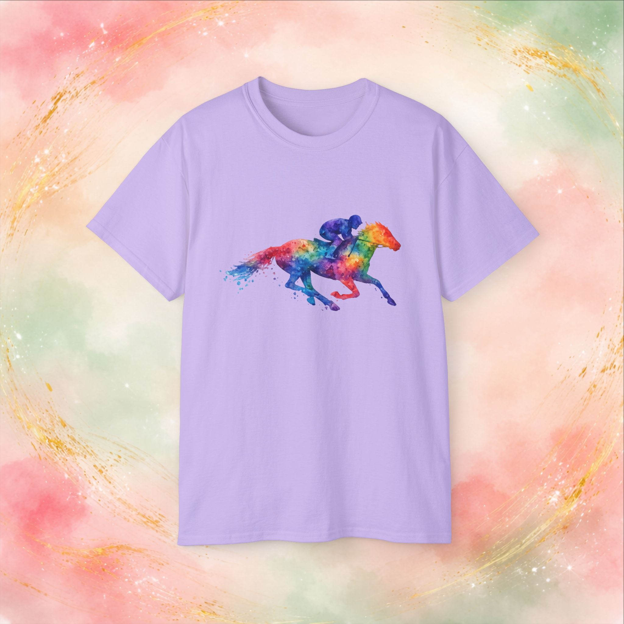 Kentucky Derby Watercolor Horse & Jockey T-Shirt | Colorful Race Day Graphic Tee