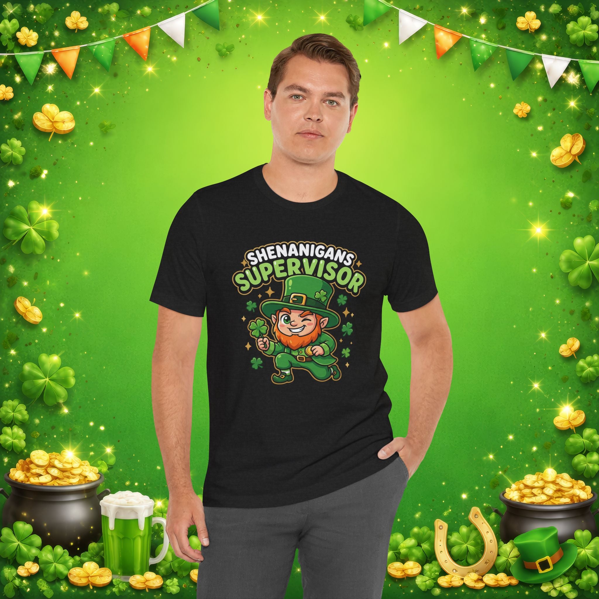 Shenanigans Supervisor T-Shirt – Funny St. Patrick’s Day Leprechaun Adult Unisex Tee