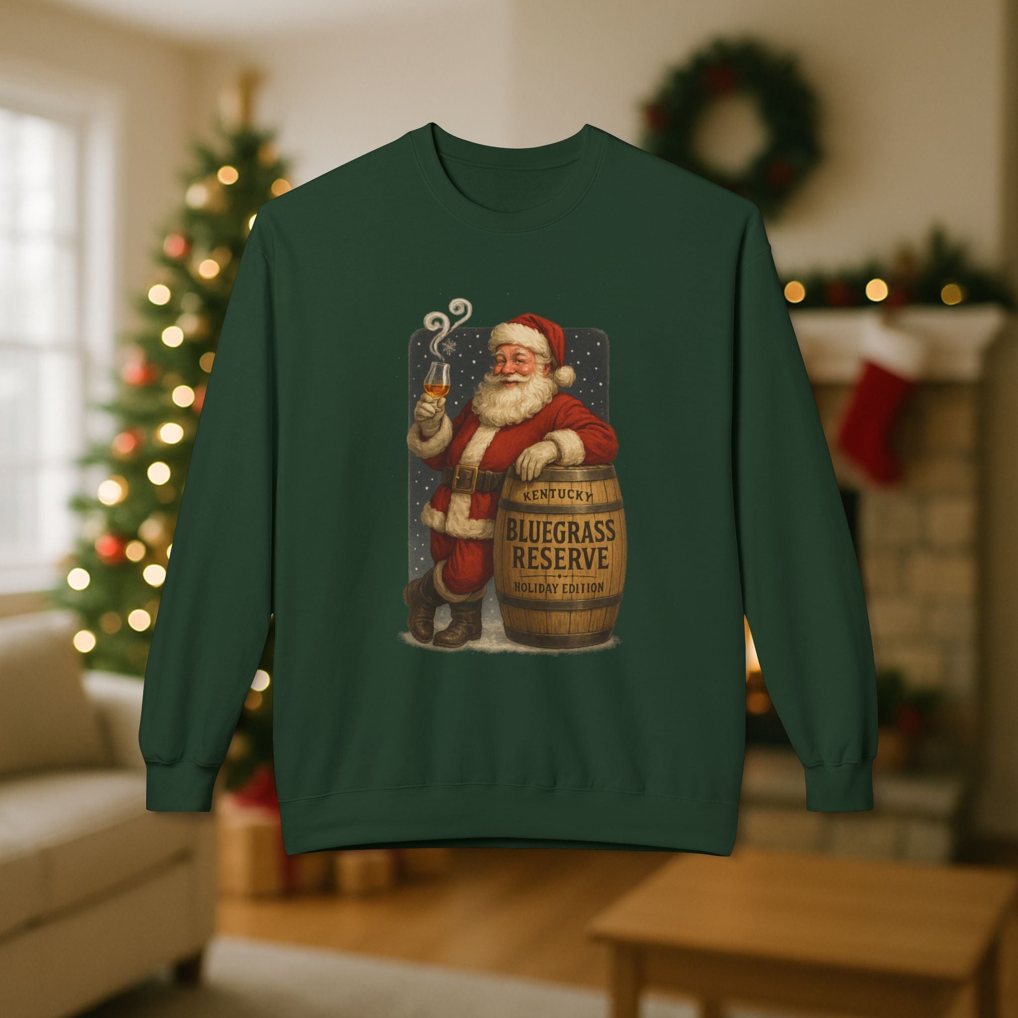 Kentucky “Bluegrass Reserve” Santa Bourbon Christmas Sweatshirt – Vintage Holiday Distillery Graphic
