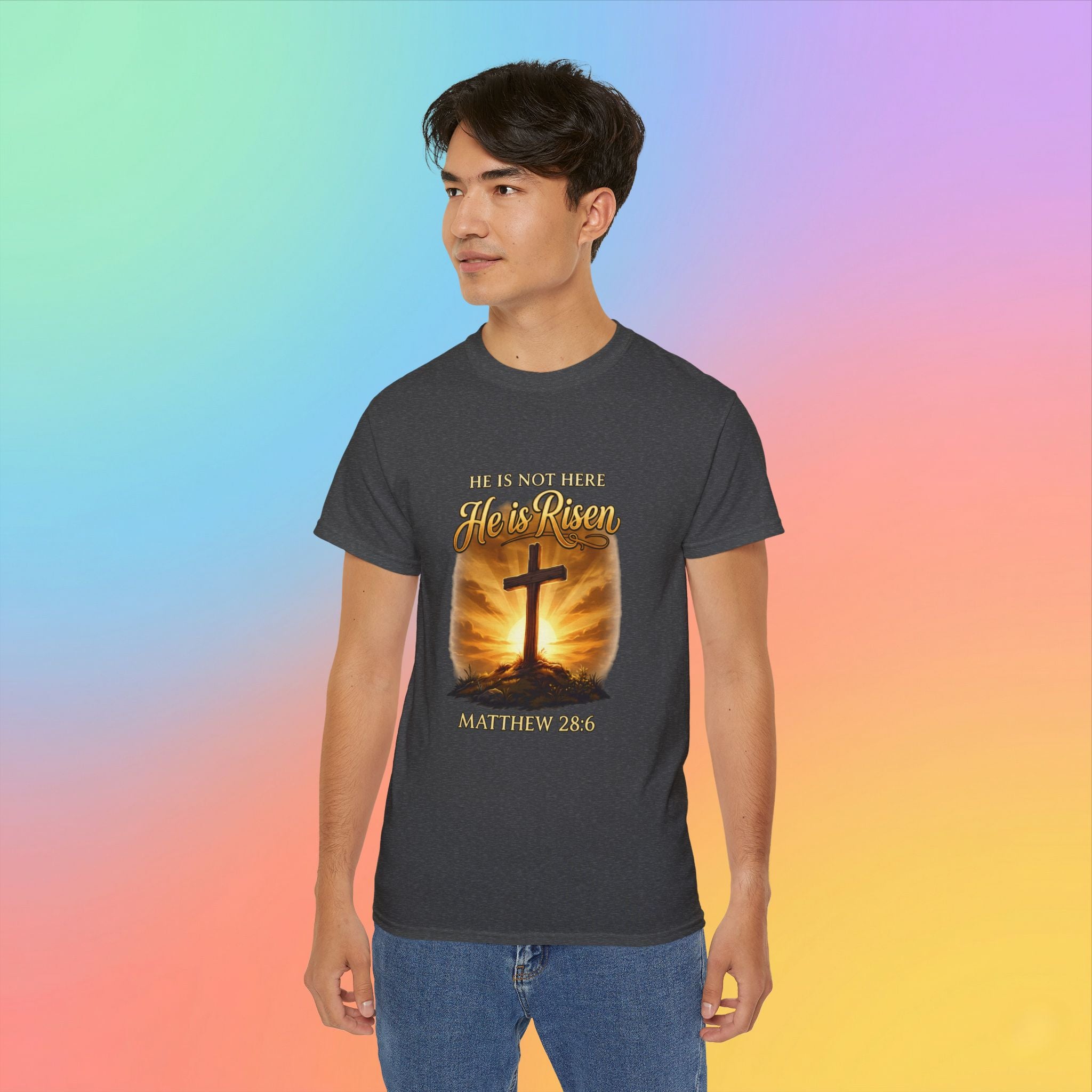 Christian Easter Shirt – He Is Risen Matthew 28:6 Cross Resurrection T-Shirt Faith-Based Easter Apparel