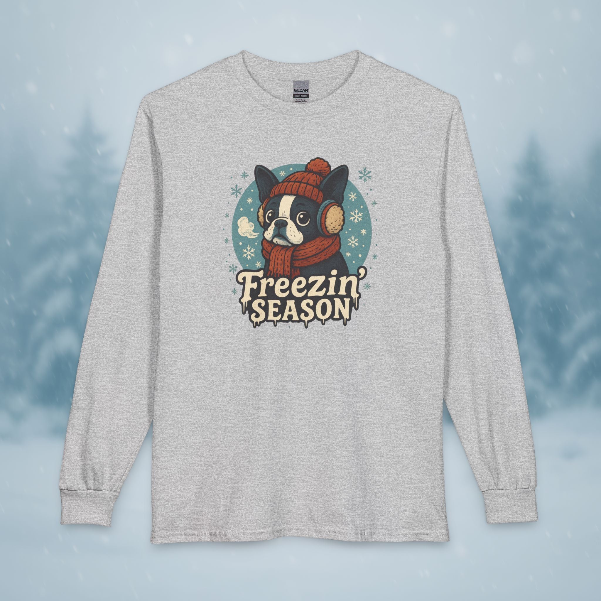 Freezin’ Season Boston Terrier Winter Long Sleeve Shirt – Cute Dog Lover Cold Weather Tee