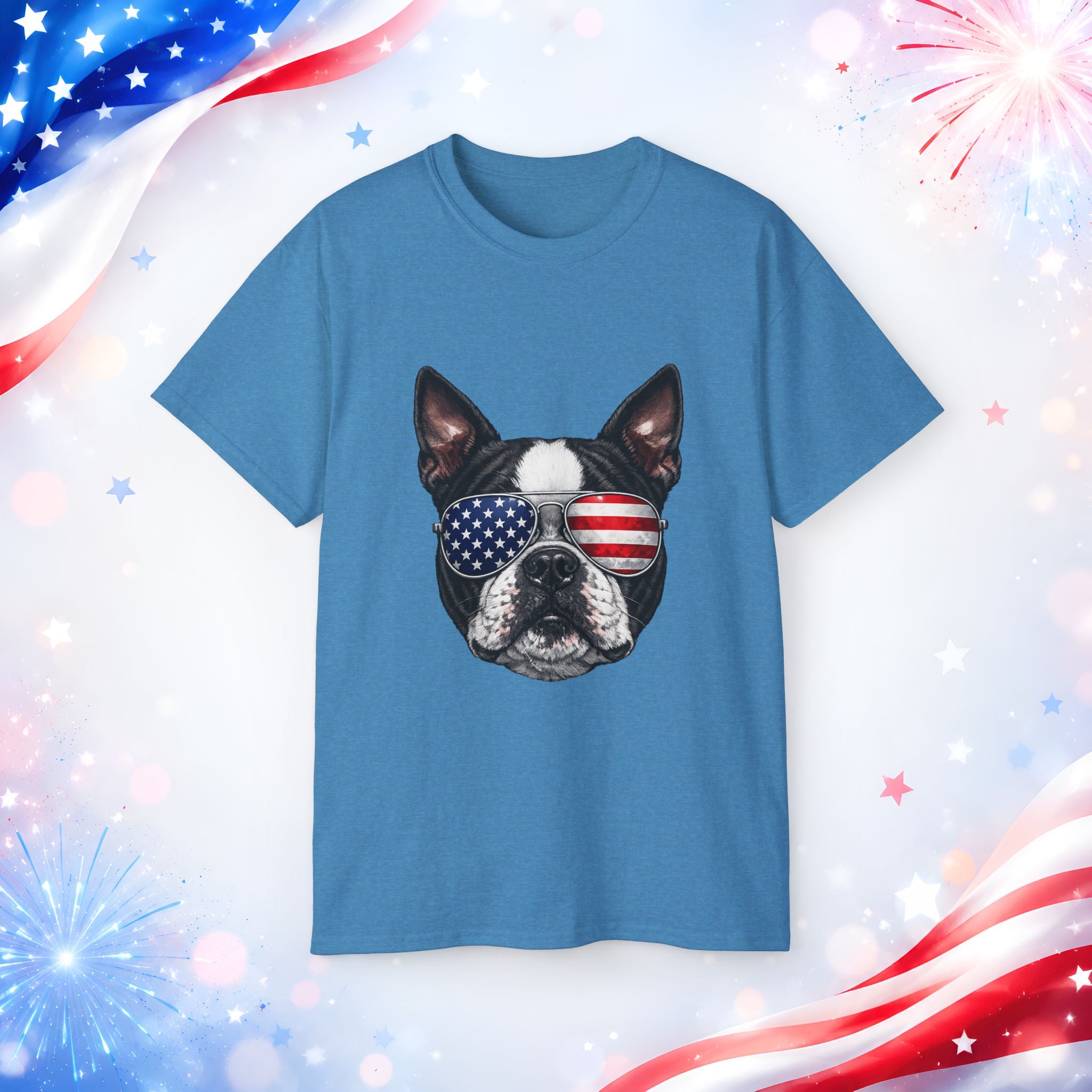 Patriotic Boston Terrier 4th of July T-Shirt | American Flag Dog Sunglasses Tee