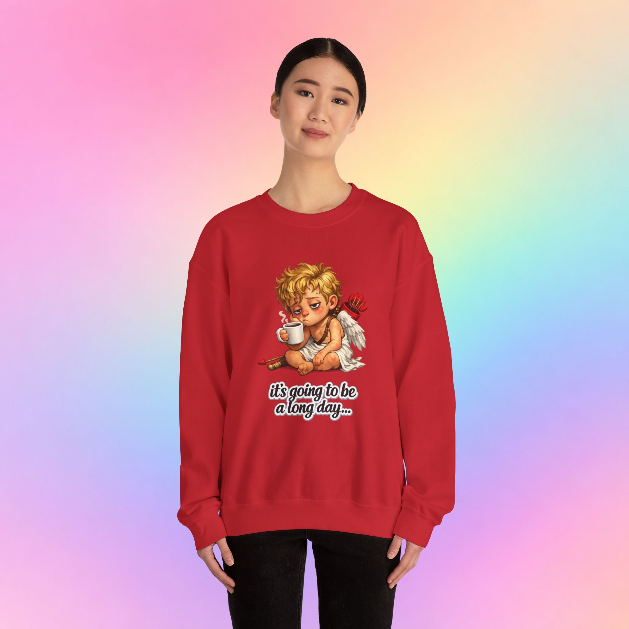 It’s Going to Be a Long Day Cupid Valentine’s Day Sweatshirt – Funny Coffee Angel Pullover
