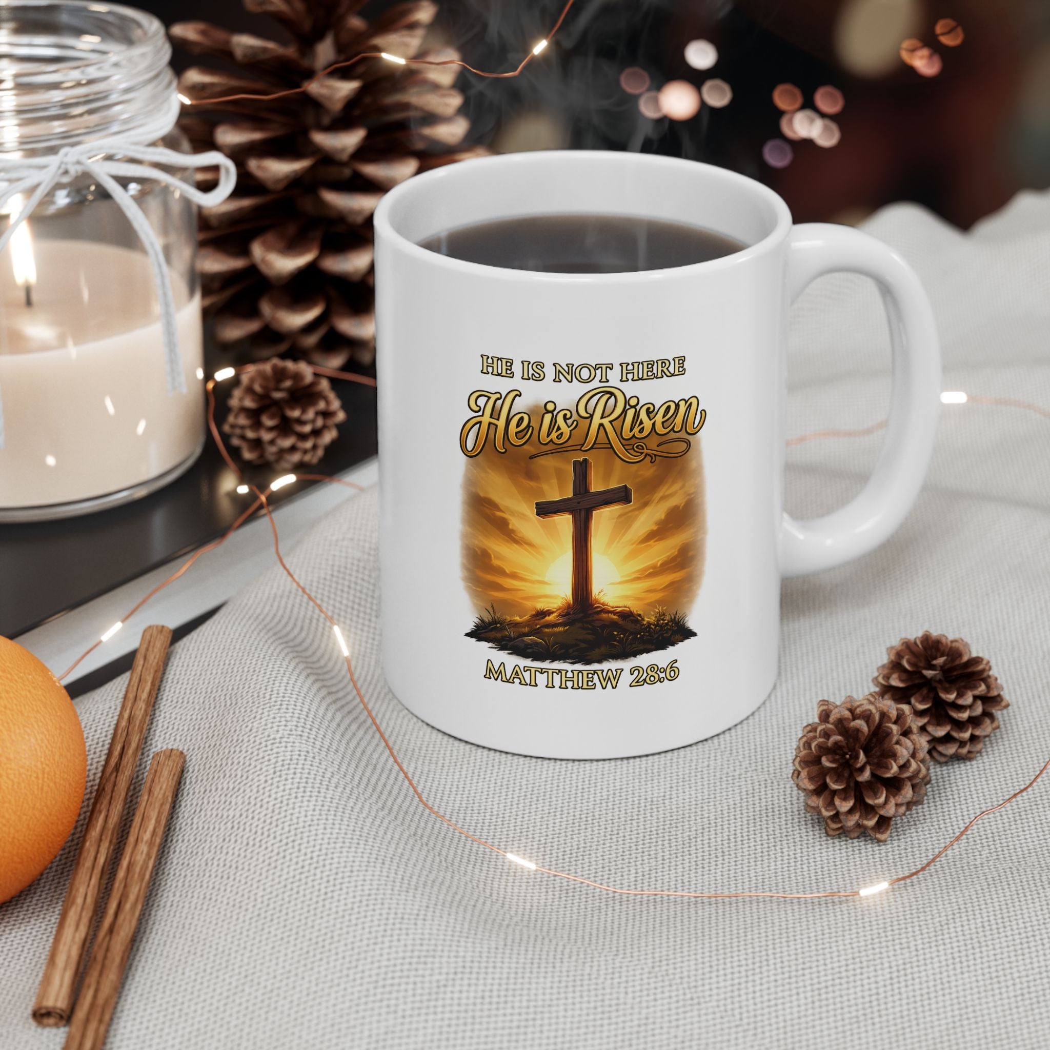 He Is Risen Coffee Mug – Matthew 28:6 Christian Easter Mug Religious Cross Sunrise Cup Faith-Based Gift