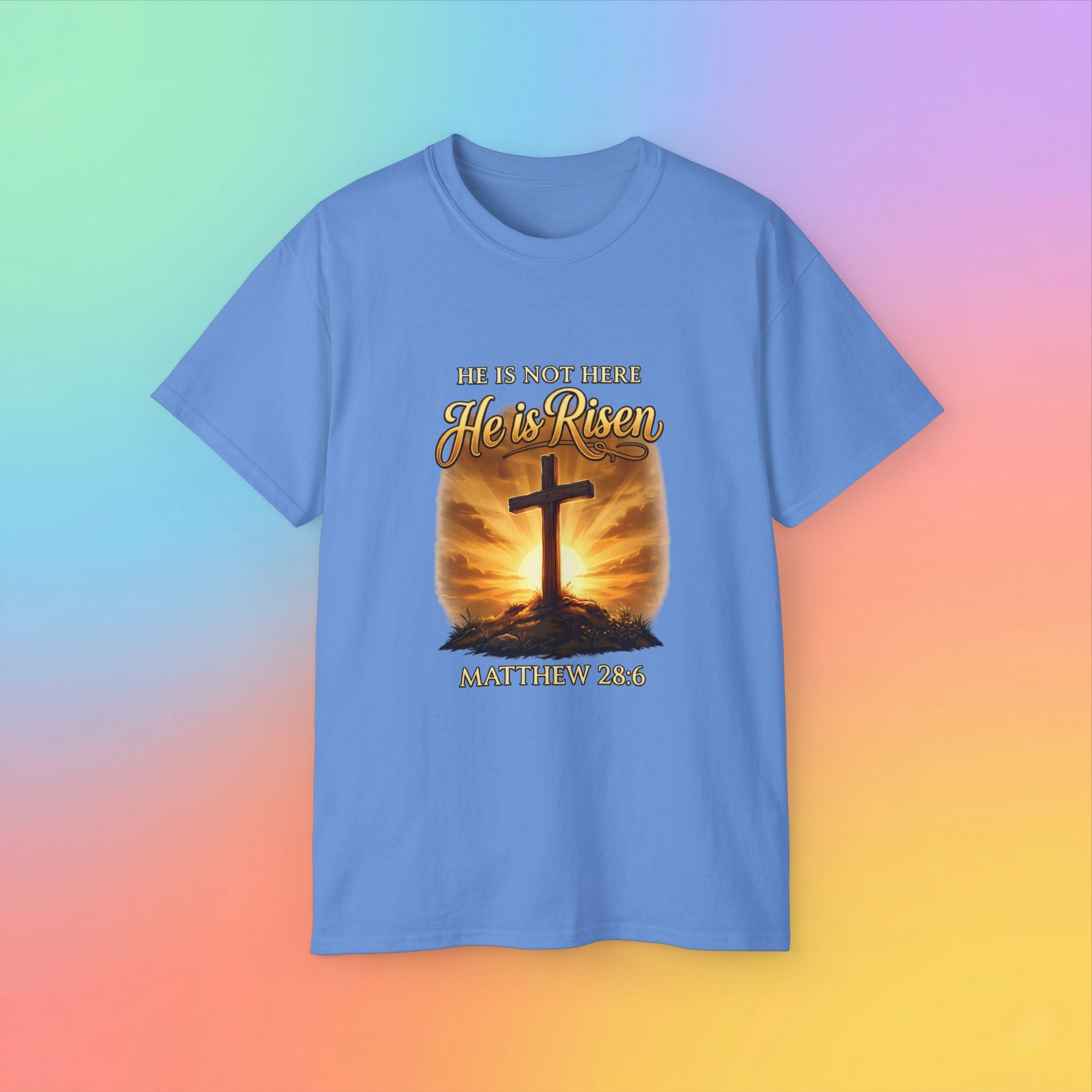 Christian Easter Shirt – He Is Risen Matthew 28:6 Cross Resurrection T-Shirt Faith-Based Easter Apparel